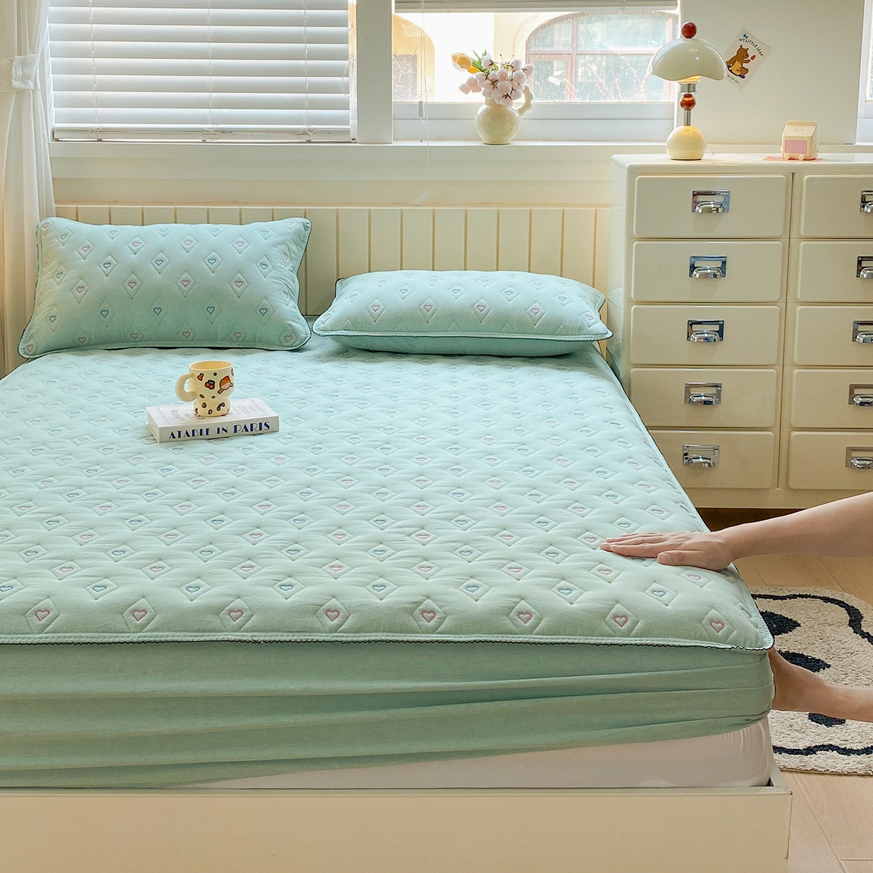 91家纺网 家纺一手货源 找家纺 尊康家纺（原磊科） 2026新款全棉水洗棉色织大豆棉床笠-心语系列 心语-薄荷绿