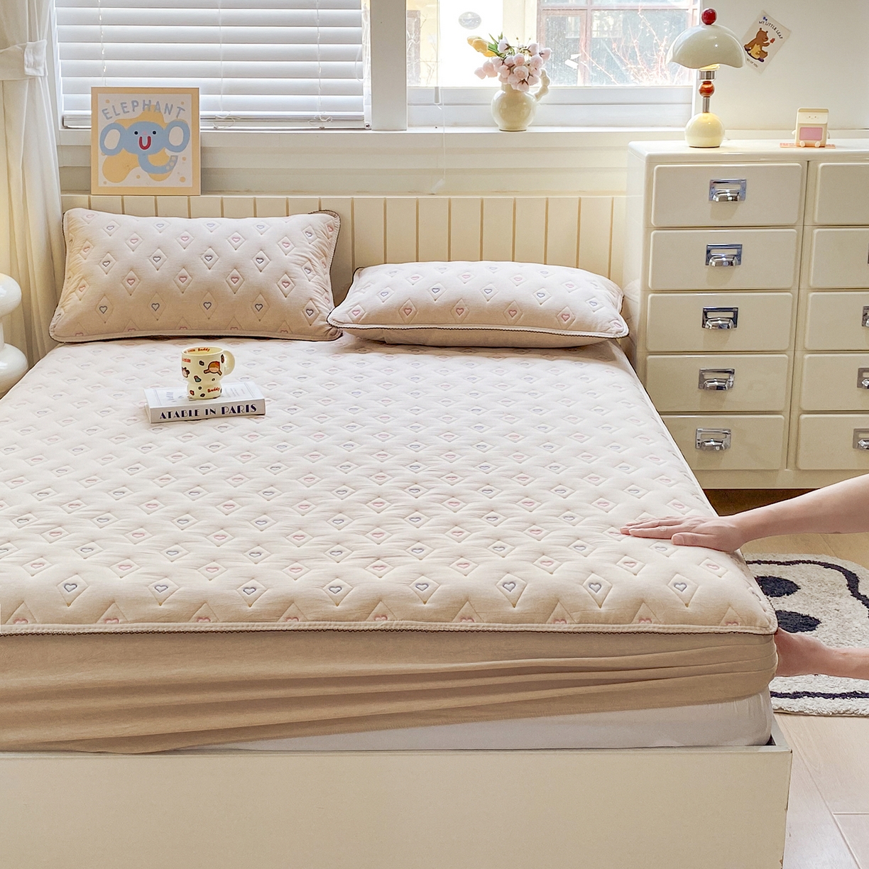 91家纺网 家纺一手货源 找家纺 尊康家纺（原磊科） 2026新款全棉水洗棉色织大豆棉床笠-心语系列 心语-香槟