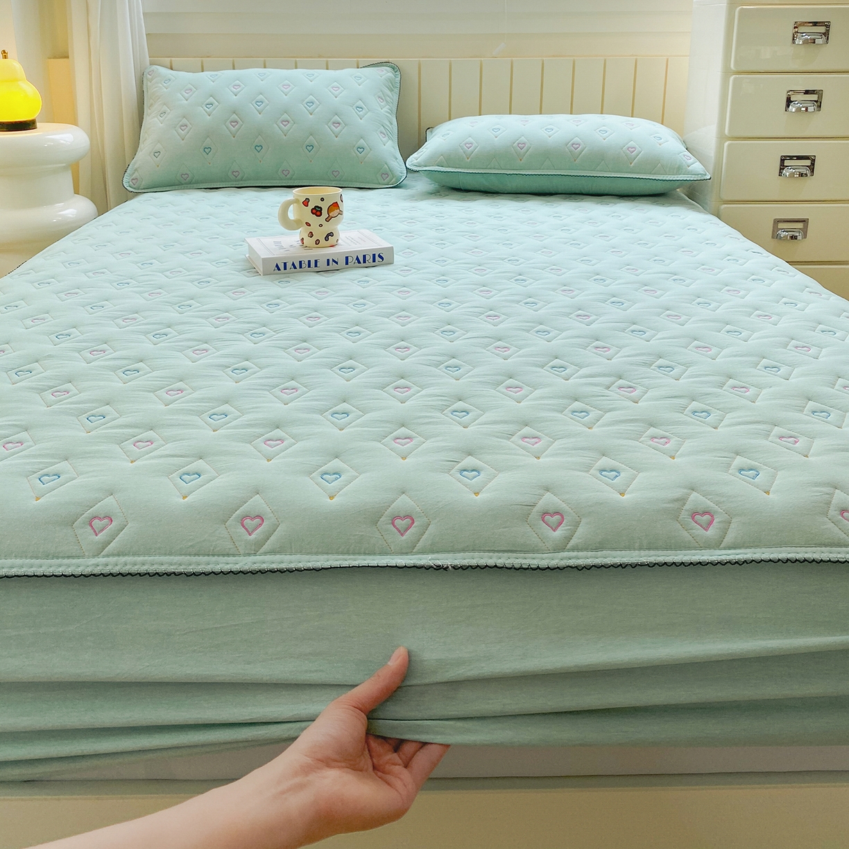 91家纺网 家纺一手货源 找家纺 尊康家纺（原磊科） 2026新款全棉水洗棉色织大豆棉床笠-心语系列 心语-薄荷绿