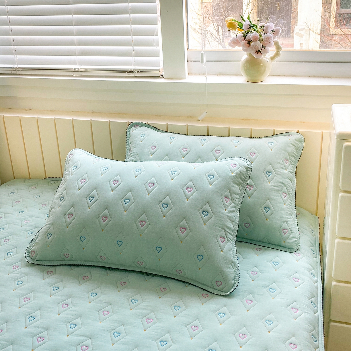 91家纺网 家纺一手货源 找家纺 尊康家纺（原磊科） 2026新款全棉水洗棉色织大豆棉床笠-心语系列 心语-薄荷绿