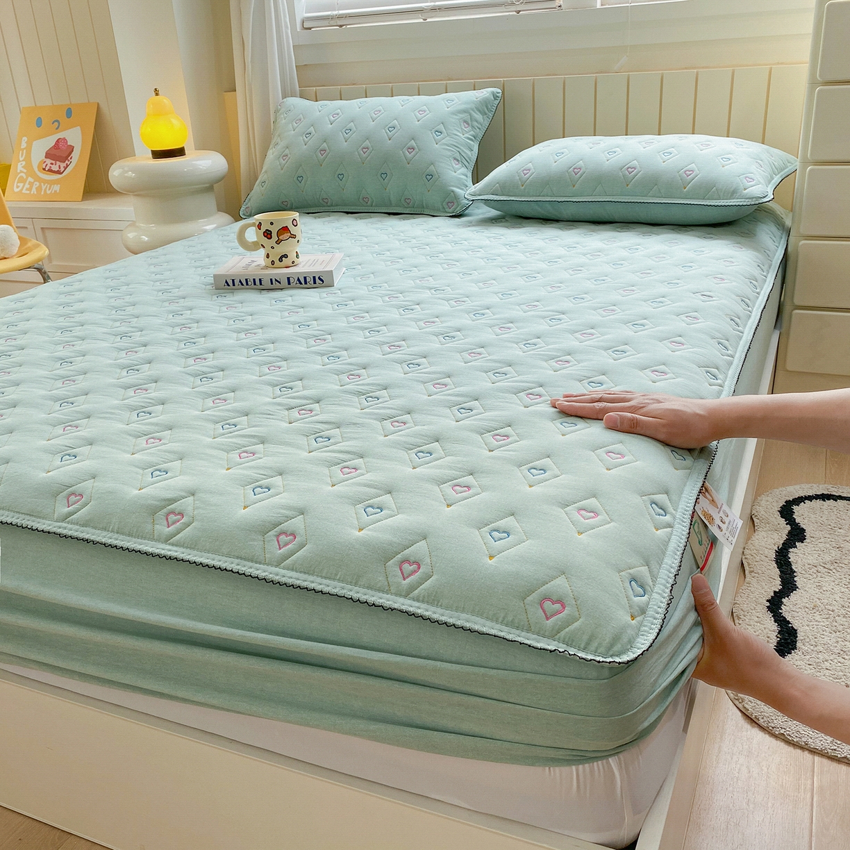 91家纺网 家纺一手货源 找家纺 尊康家纺（原磊科） 2026新款全棉水洗棉色织大豆棉床笠-心语系列 心语-薄荷绿