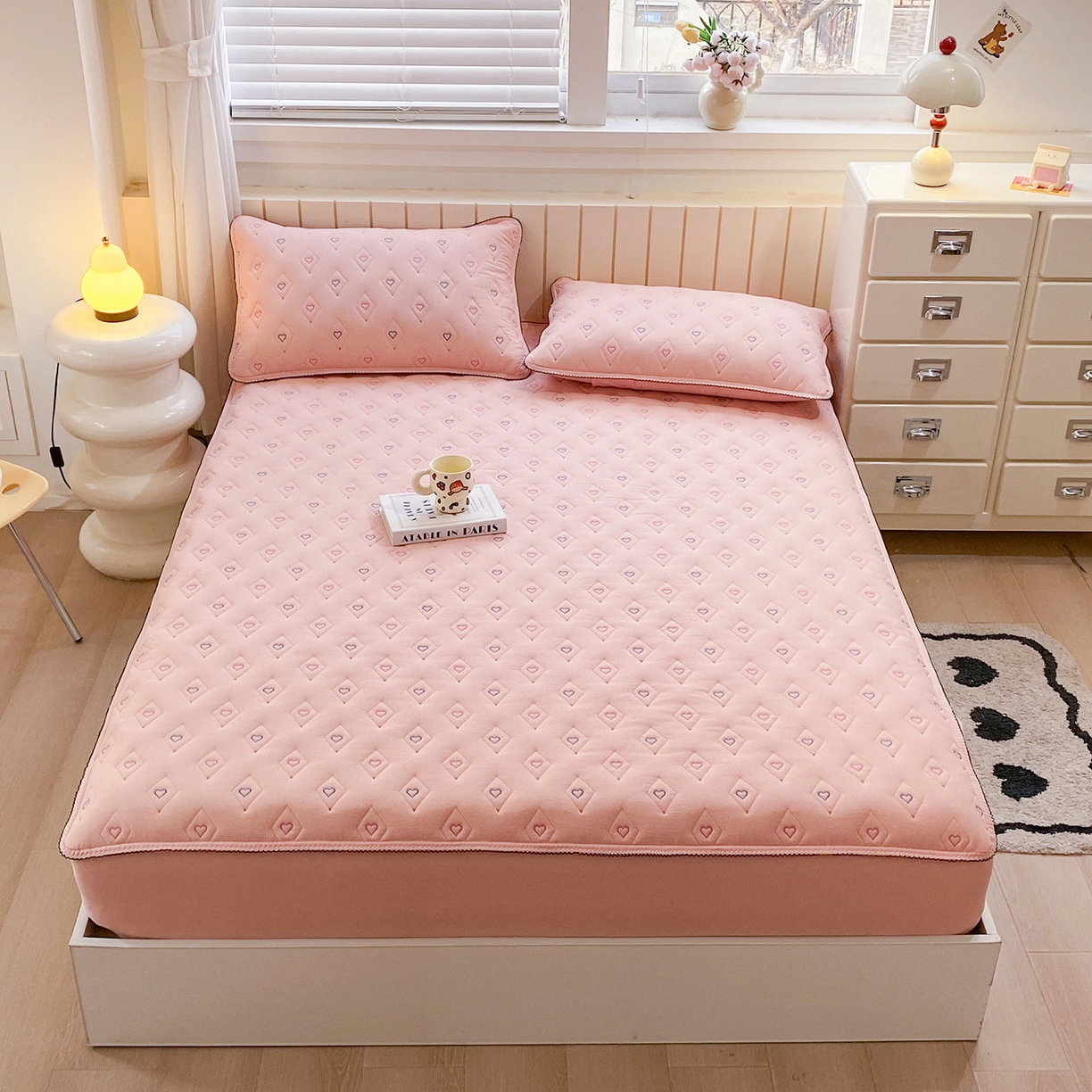 91家纺网 家纺一手货源 找家纺 尊康家纺（原磊科） 2026新款全棉水洗棉色织大豆棉床笠-心语系列 心语-粉玉