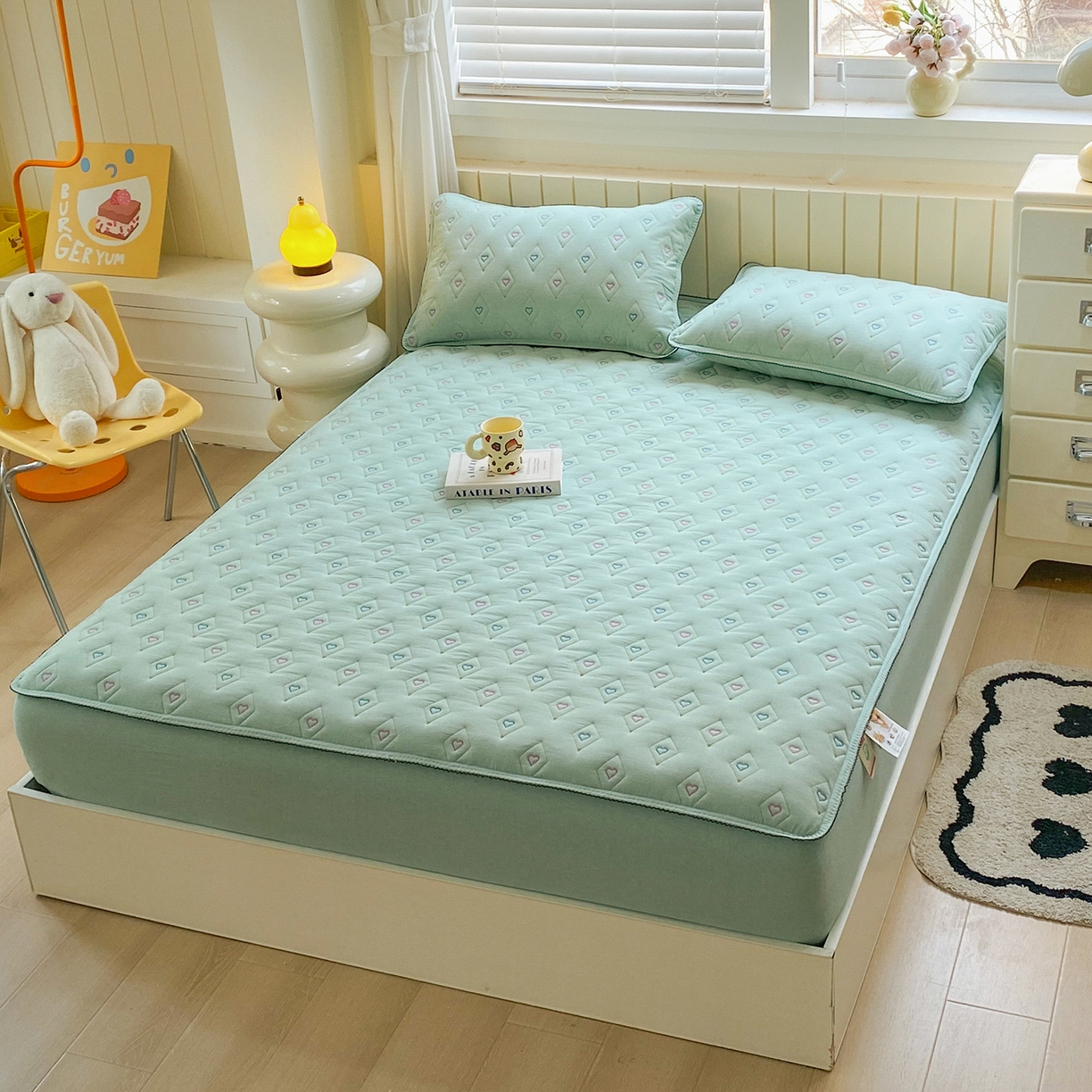 91家纺网 家纺一手货源 找家纺 尊康家纺（原磊科） 2026新款全棉水洗棉色织大豆棉床笠-心语系列 心语-薄荷绿