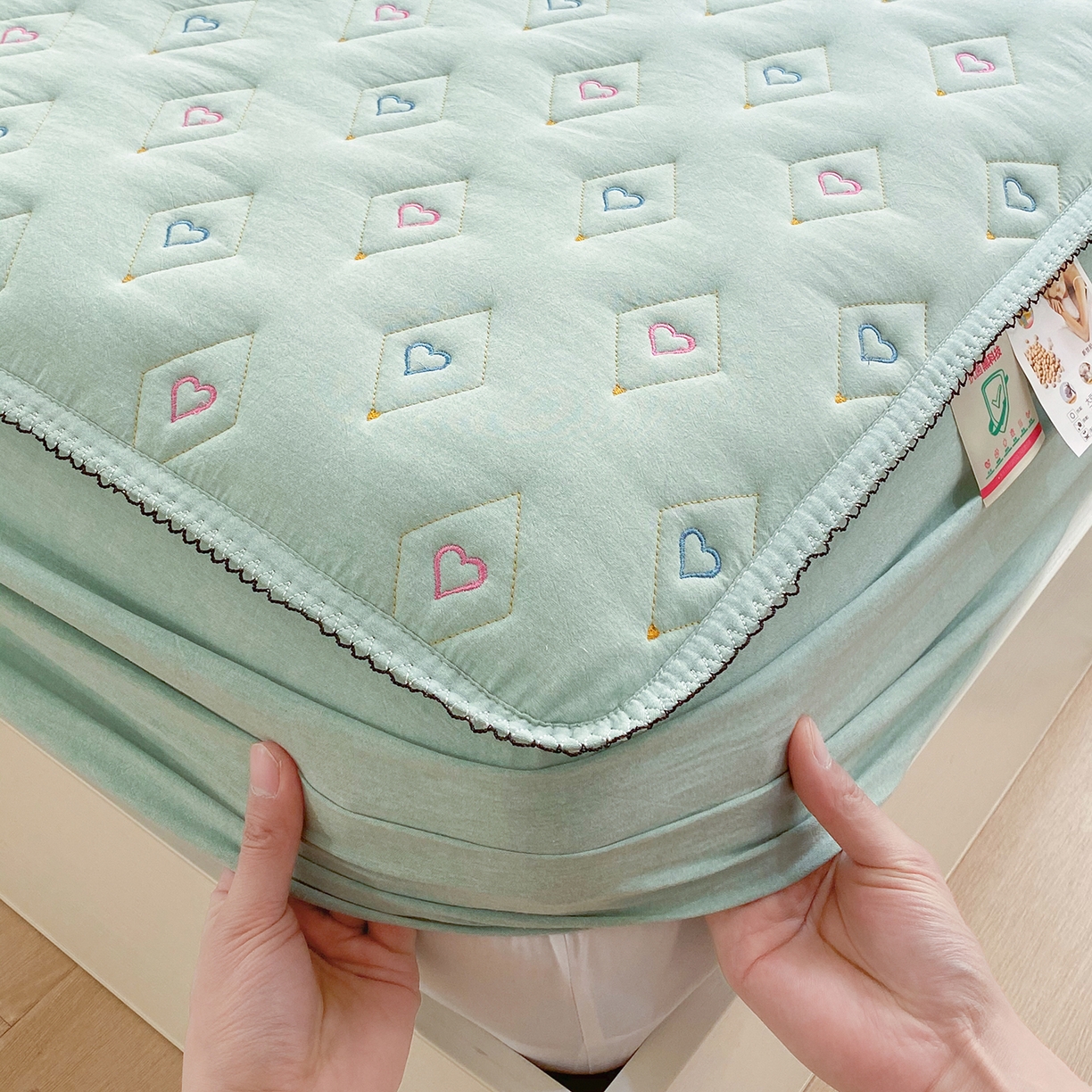 91家纺网 家纺一手货源 找家纺 尊康家纺（原磊科） 2026新款全棉水洗棉色织大豆棉床笠-心语系列 心语-薄荷绿