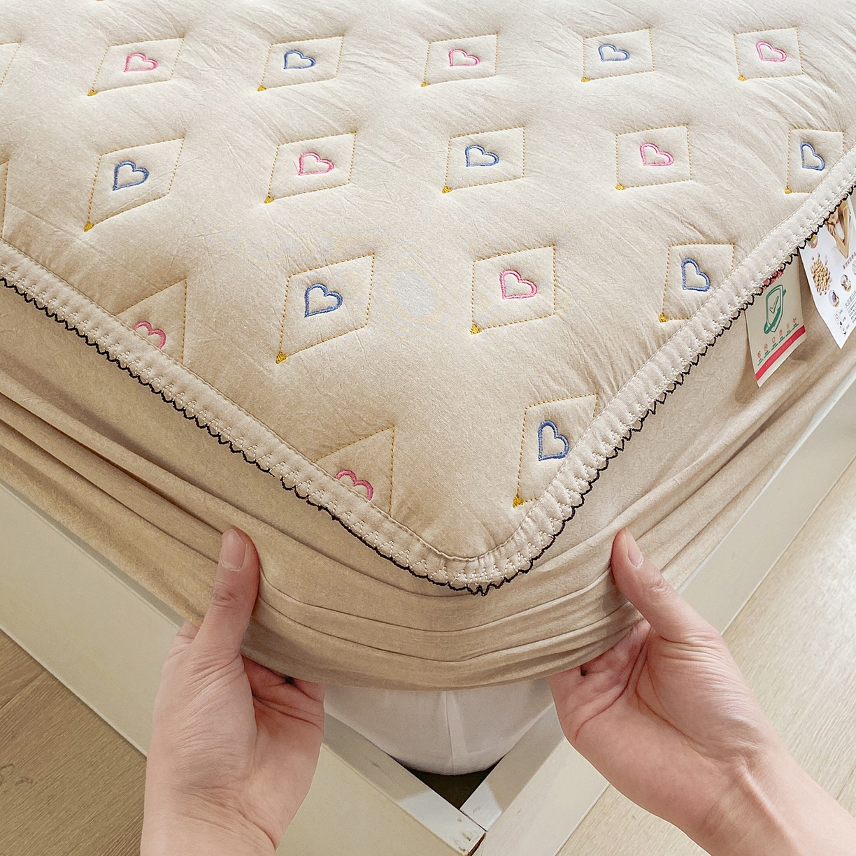 91家纺网 家纺一手货源 找家纺 尊康家纺（原磊科） 2026新款全棉水洗棉色织大豆棉床笠-心语系列 心语-香槟