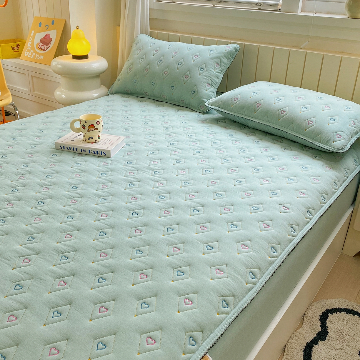 91家纺网 家纺一手货源 找家纺 尊康家纺（原磊科） 2026新款全棉水洗棉色织大豆棉床笠-心语系列 心语-薄荷绿