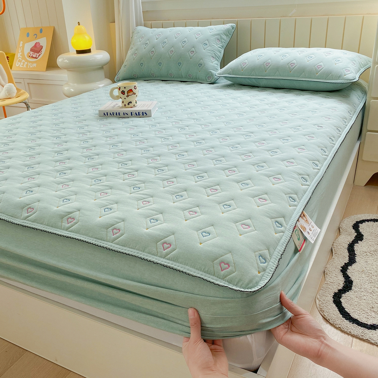 尊康家纺（原磊科） 2026新款全棉水洗棉色织大豆棉床笠-心语系列 心语-薄荷绿