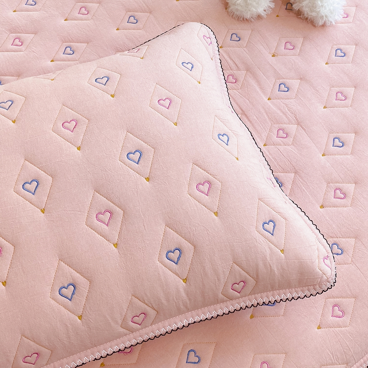 91家纺网 家纺一手货源 找家纺 尊康家纺（原磊科） 2026新款全棉水洗棉色织大豆棉床笠-心语系列 心语-粉玉