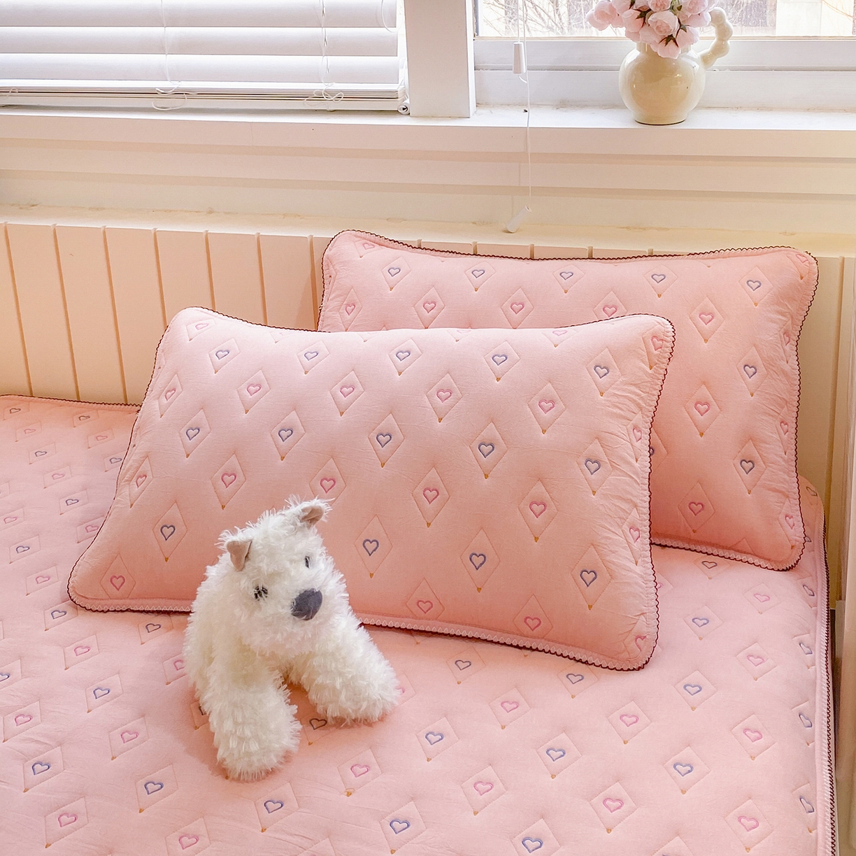 91家纺网 家纺一手货源 找家纺 尊康家纺（原磊科） 2026新款全棉水洗棉色织大豆棉床笠-心语系列 心语-粉玉