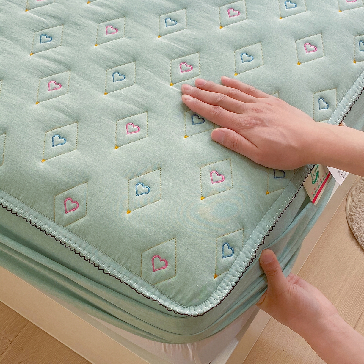 91家纺网 家纺一手货源 找家纺 尊康家纺（原磊科） 2026新款全棉水洗棉色织大豆棉床笠-心语系列 心语-薄荷绿