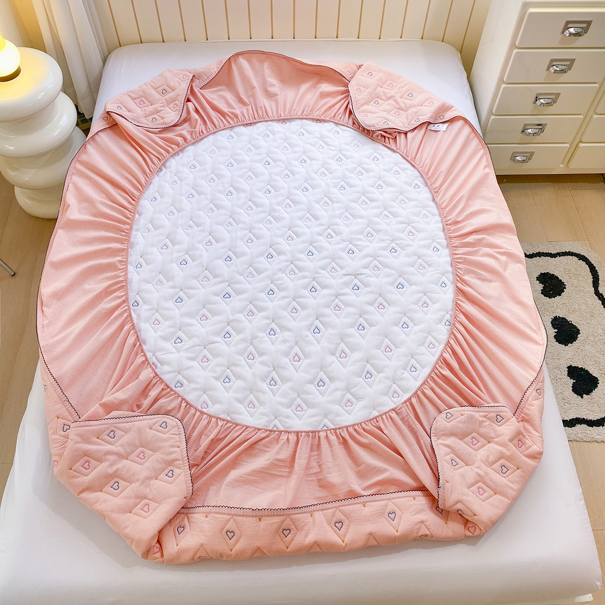 91家纺网 家纺一手货源 找家纺 尊康家纺（原磊科） 2026新款全棉水洗棉色织大豆棉床笠-心语系列 心语-粉玉