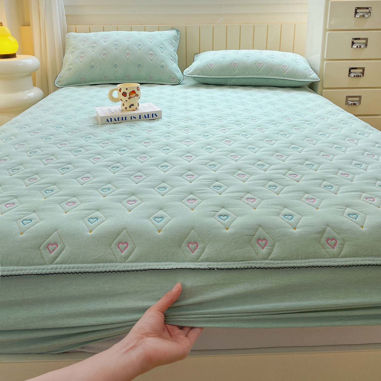 91家纺网 家纺一手货源 找家纺 尊康家纺（原磊科） 2026新款全棉水洗棉色织大豆棉床笠-心语系列 心语-薄荷绿