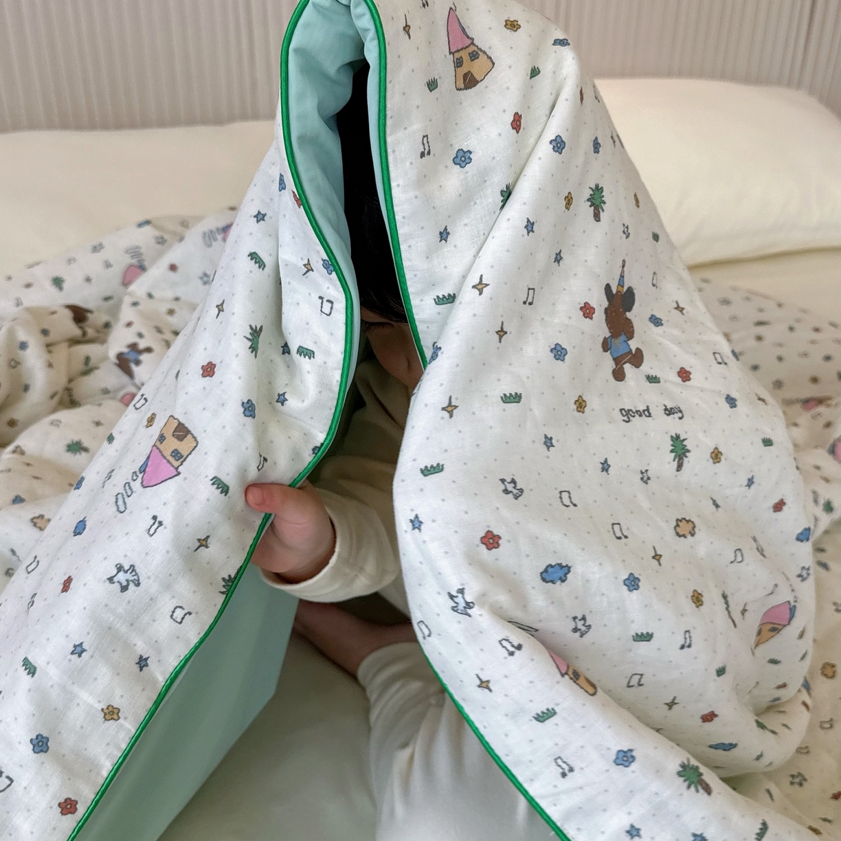 91家纺网 家纺一手货源 找家纺 兜米家居 2026春夏新款小红书热销款有氧全棉纯棉双层纱双感冰纱被夏凉被被子被芯 音乐小狗