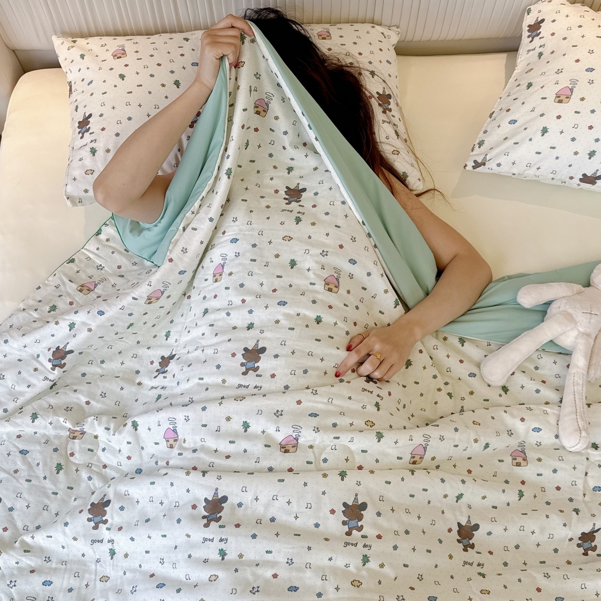 91家纺网 家纺一手货源 找家纺 兜米家居 2026春夏新款小红书热销款有氧全棉纯棉双层纱双感冰纱被夏凉被被子被芯 音乐小狗