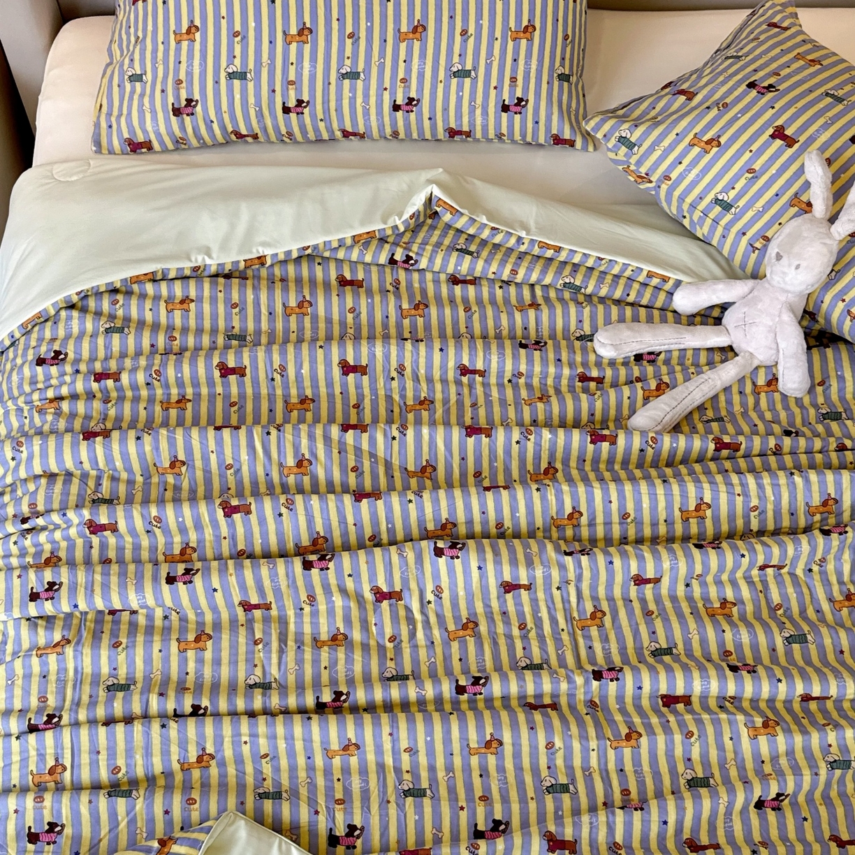 91家纺网 家纺一手货源 找家纺 兜米家居 2026春夏新款小红书热销款有氧全棉纯棉双层纱双感冰纱被夏凉被被子被芯 条纹腊肠狗