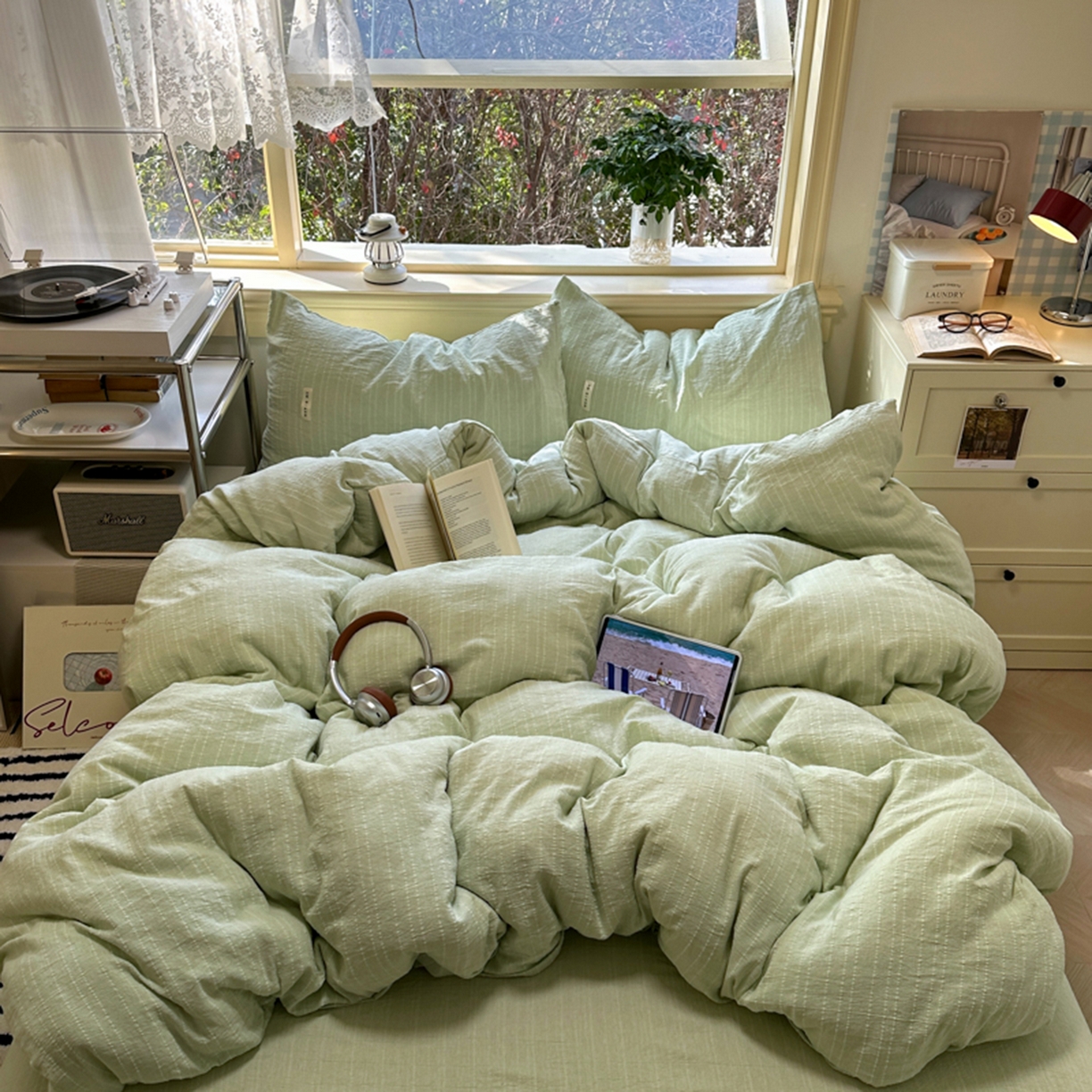 91家纺网 家纺一手货源 找家纺 阿曼达 2026新款简约素色亚麻风纯色无印四件套-素然 素然-淡绿