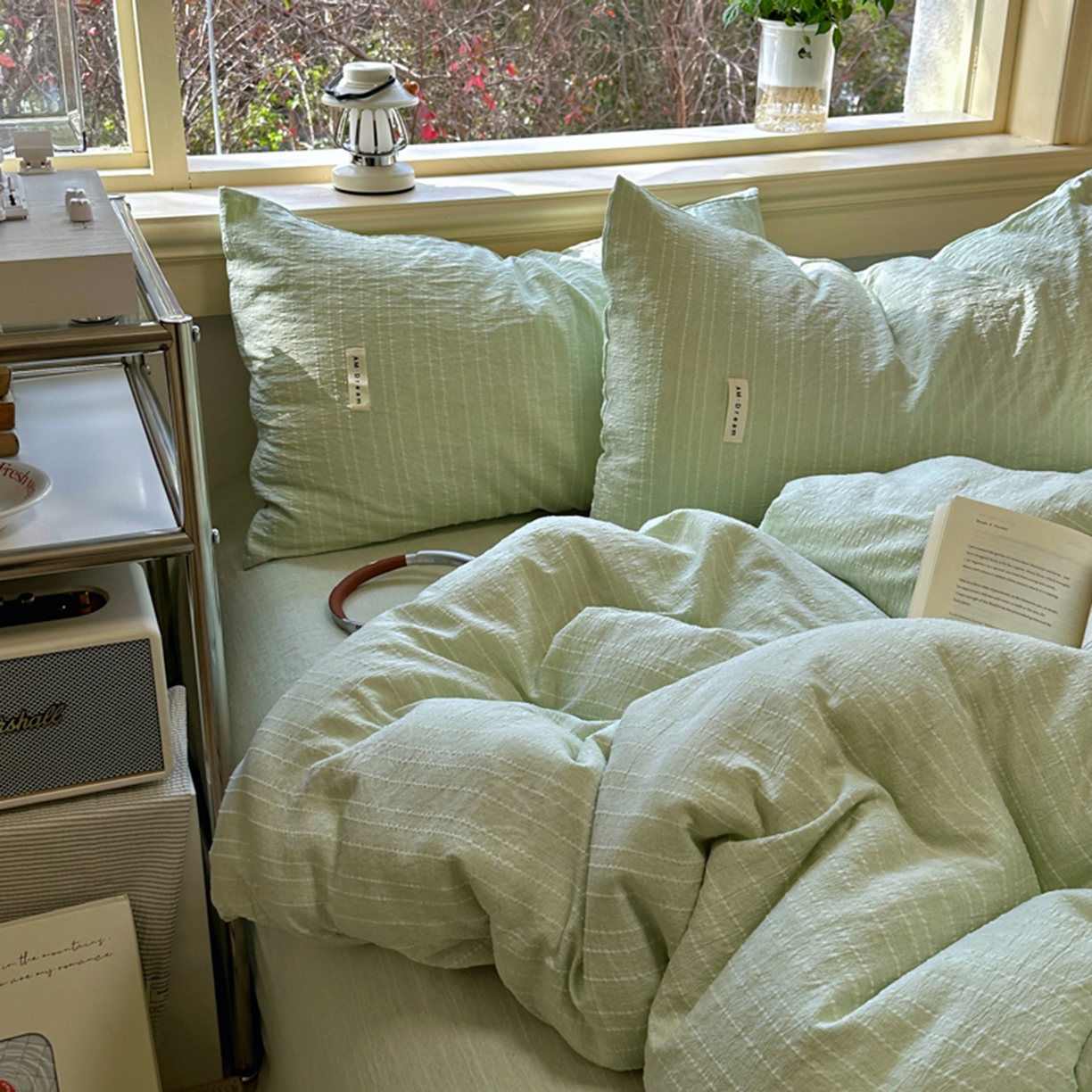 91家纺网 家纺一手货源 找家纺 阿曼达 2026新款简约素色亚麻风纯色无印四件套-素然 素然-淡绿