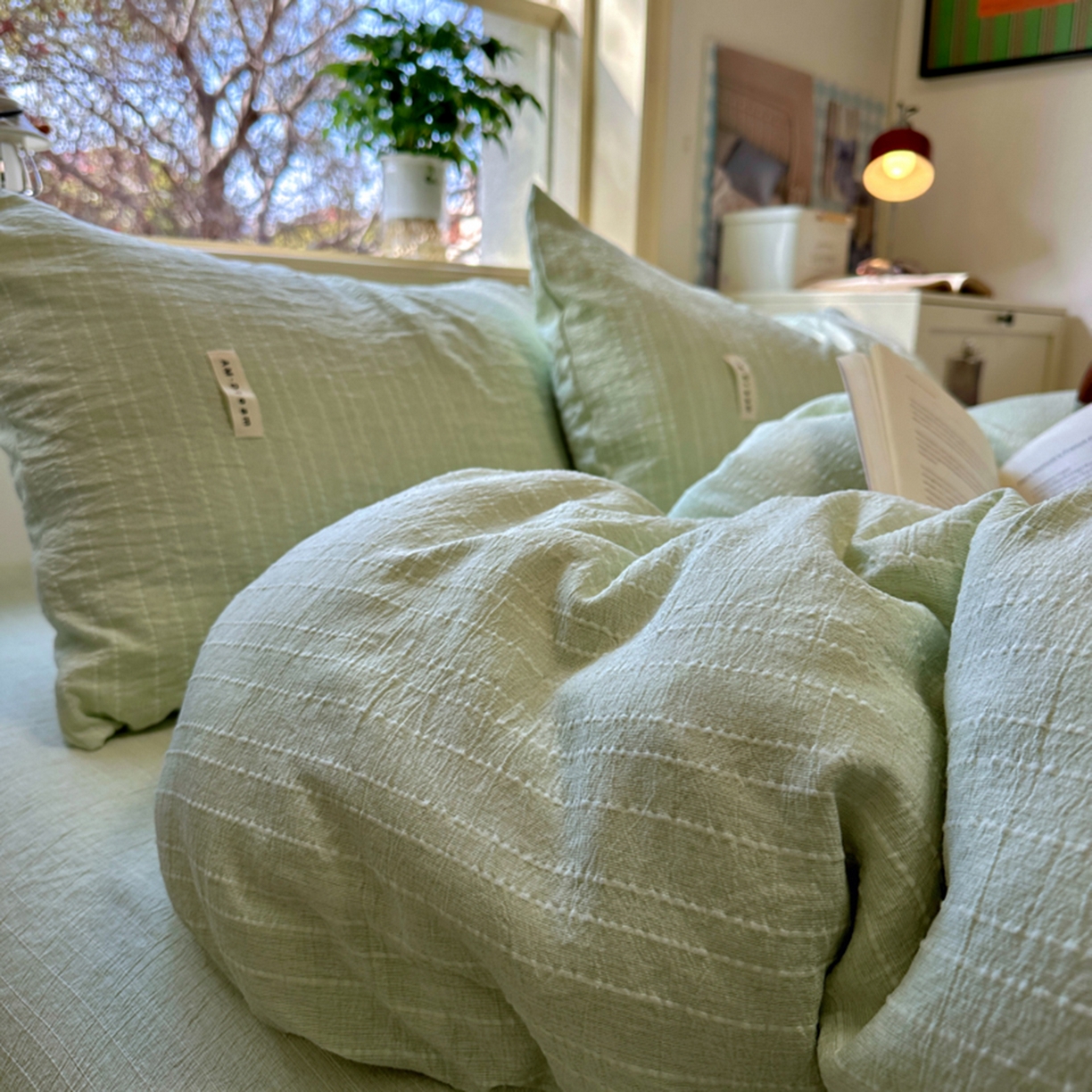 91家纺网 家纺一手货源 找家纺 阿曼达 2026新款简约素色亚麻风纯色无印四件套-素然 素然-淡绿