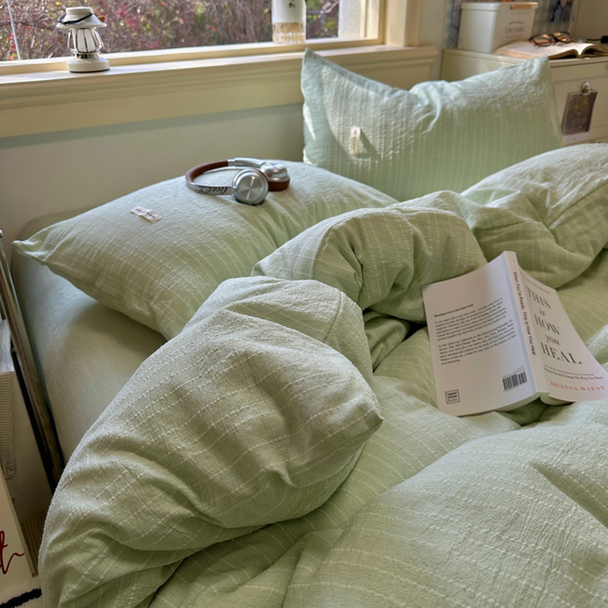 91家纺网 家纺一手货源 找家纺 阿曼达 2026新款简约素色亚麻风纯色无印四件套-素然 素然-淡绿