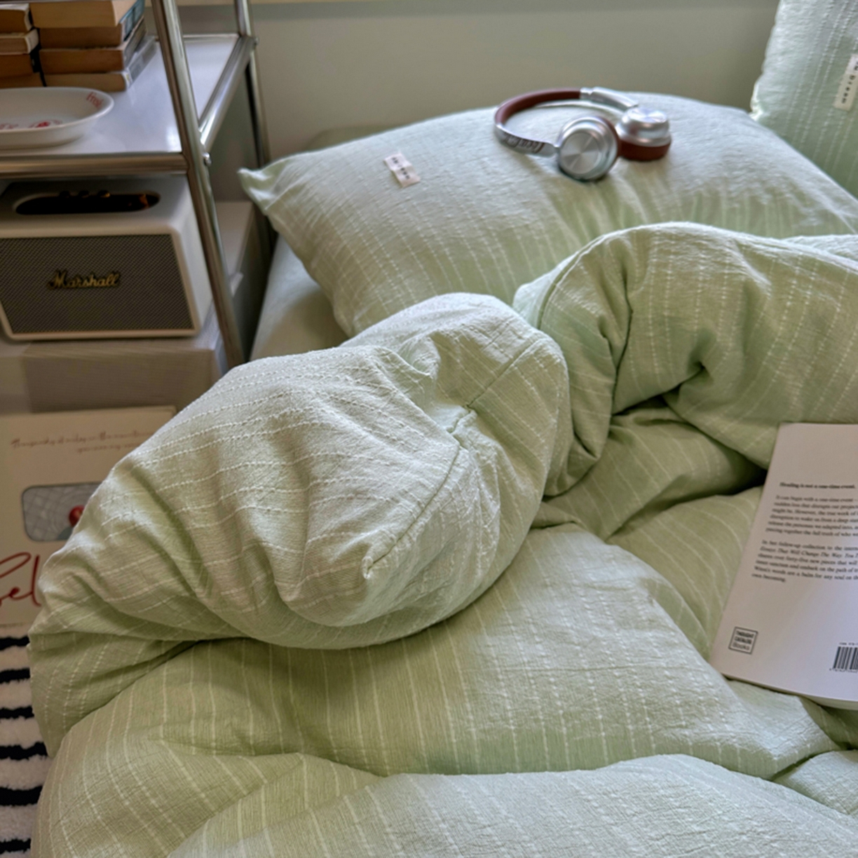 91家纺网 家纺一手货源 找家纺 阿曼达 2026新款简约素色亚麻风纯色无印四件套-素然 素然-淡绿