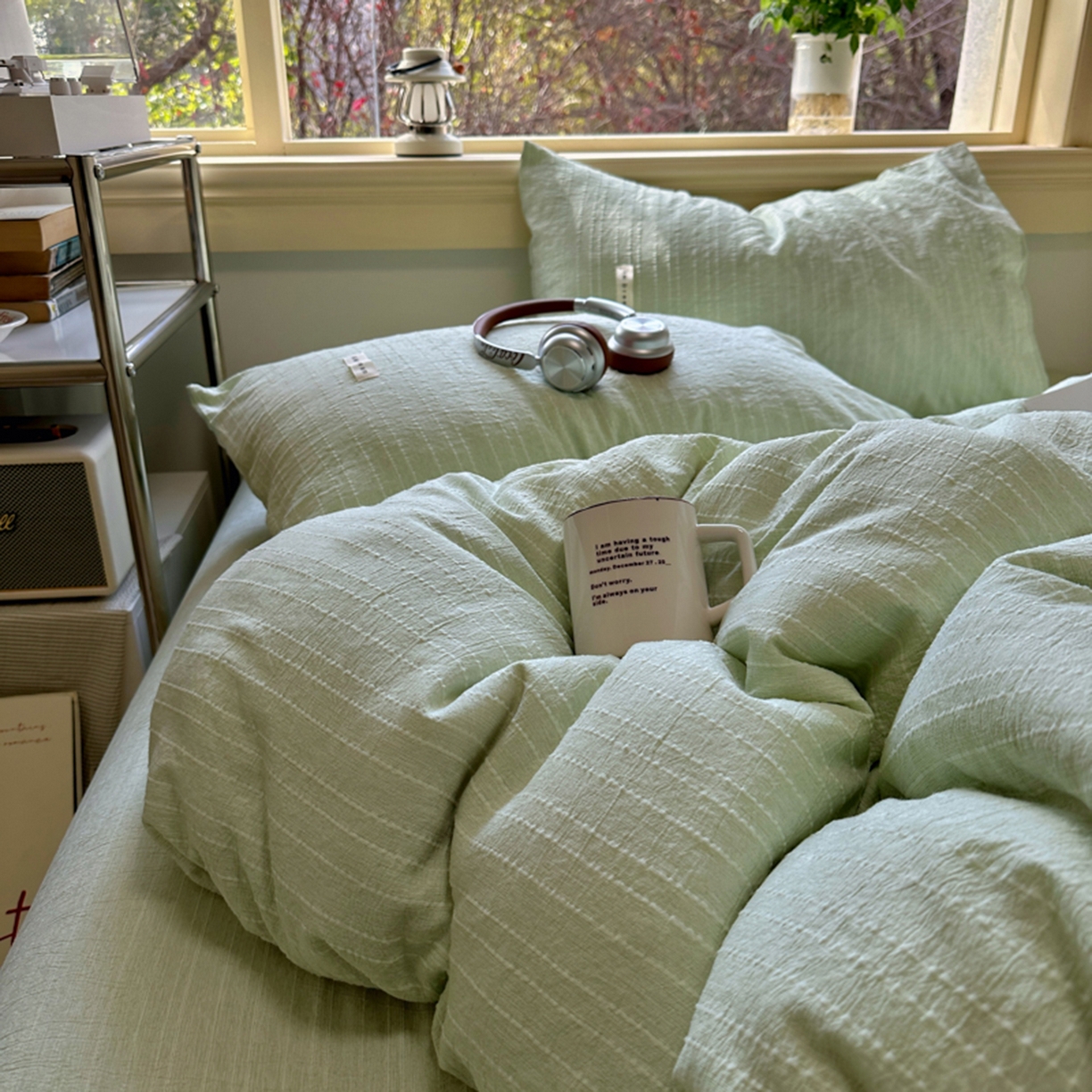 91家纺网 家纺一手货源 找家纺 阿曼达 2026新款简约素色亚麻风纯色无印四件套-素然 素然-淡绿