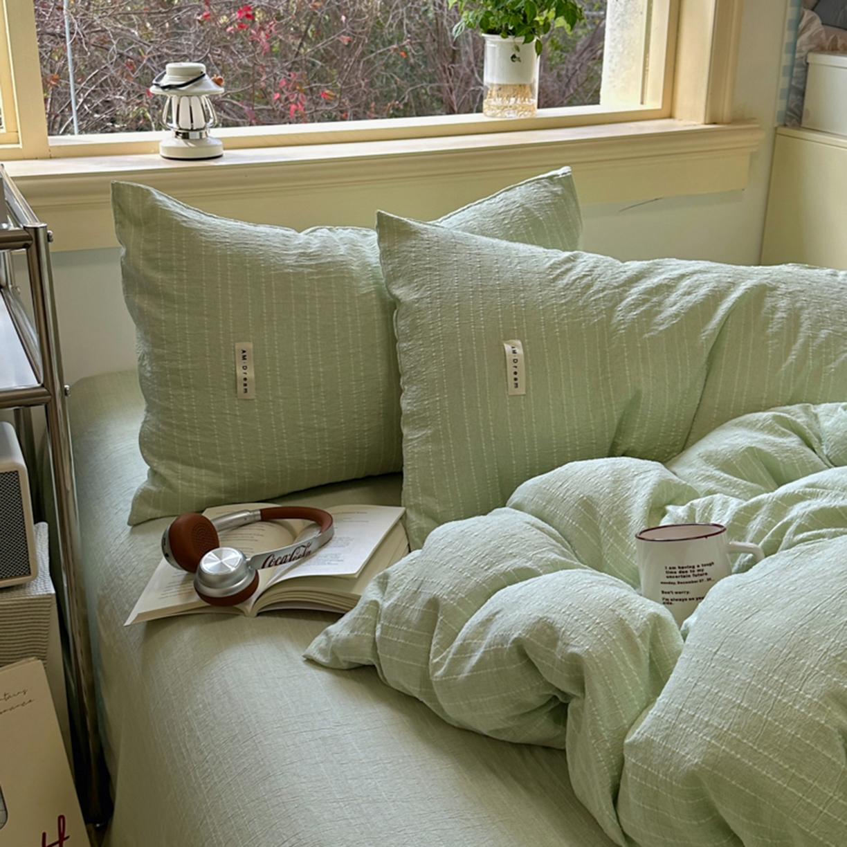 91家纺网 家纺一手货源 找家纺 阿曼达 2026新款简约素色亚麻风纯色无印四件套-素然 素然-淡绿