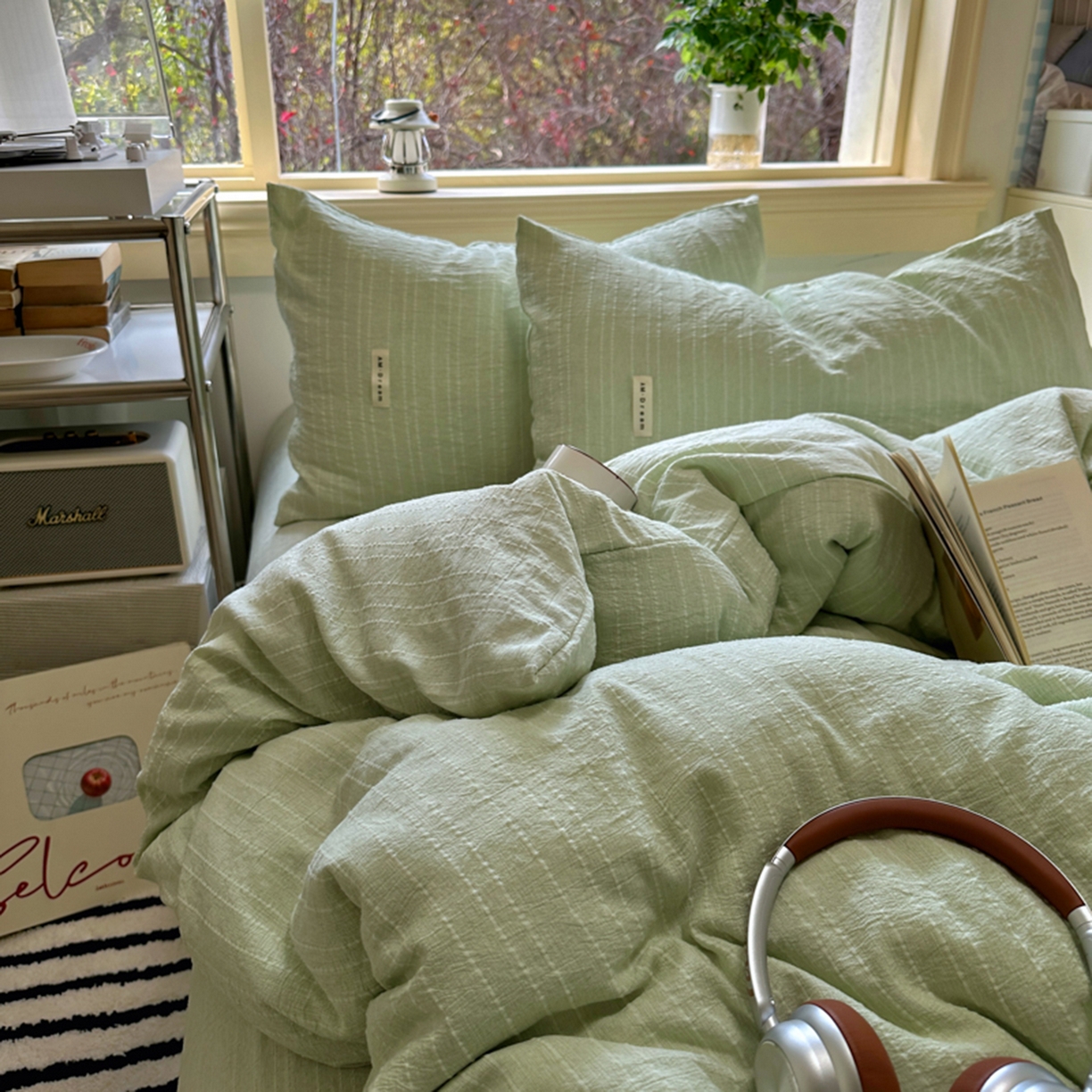 91家纺网 家纺一手货源 找家纺 阿曼达 2026新款简约素色亚麻风纯色无印四件套-素然 素然-淡绿