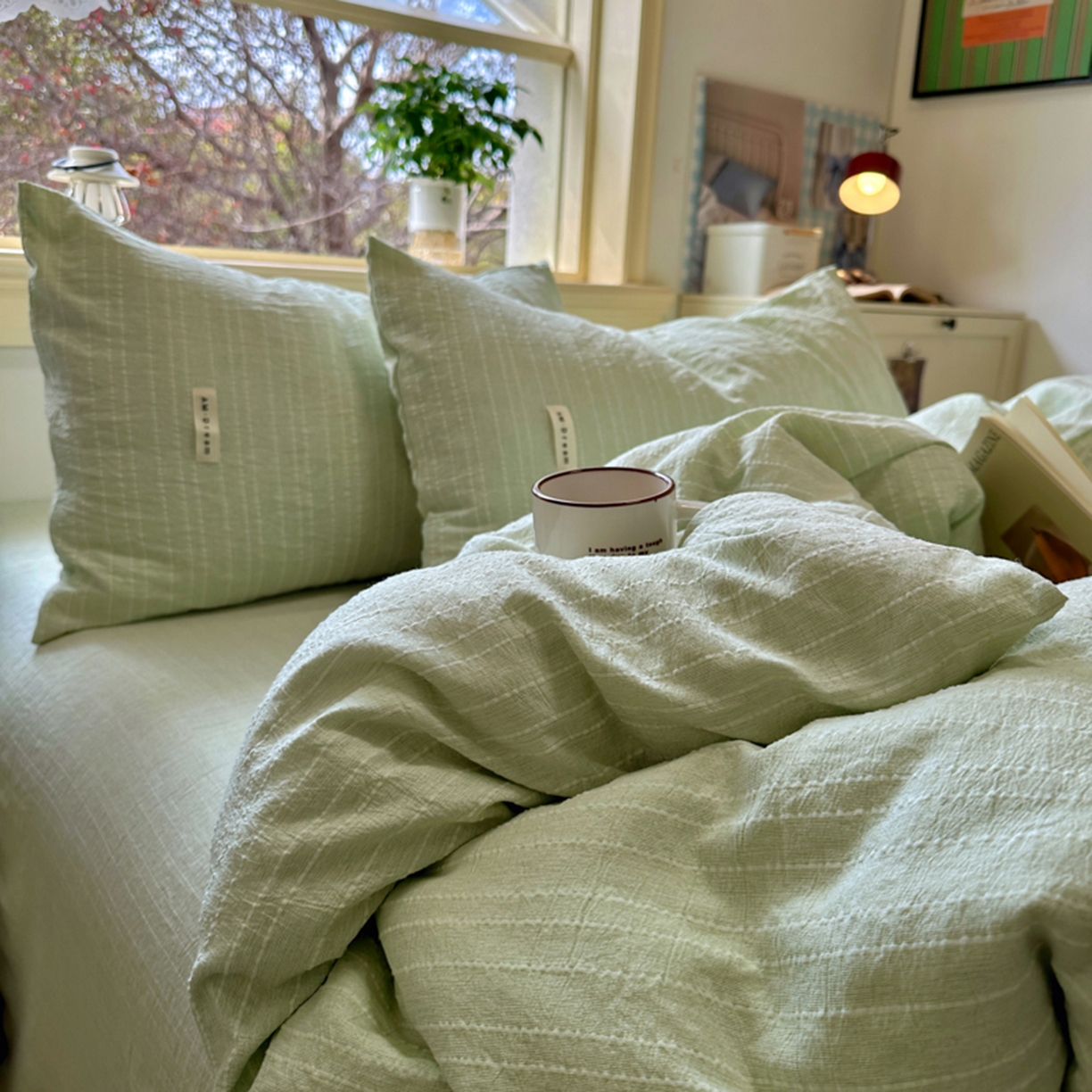 91家纺网 家纺一手货源 找家纺 阿曼达 2026新款简约素色亚麻风纯色无印四件套-素然 素然-淡绿