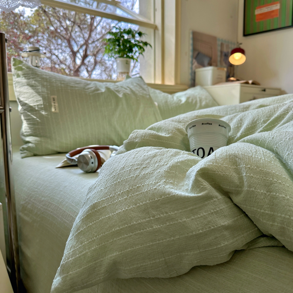 91家纺网 家纺一手货源 找家纺 阿曼达 2026新款简约素色亚麻风纯色无印四件套-素然 素然-淡绿