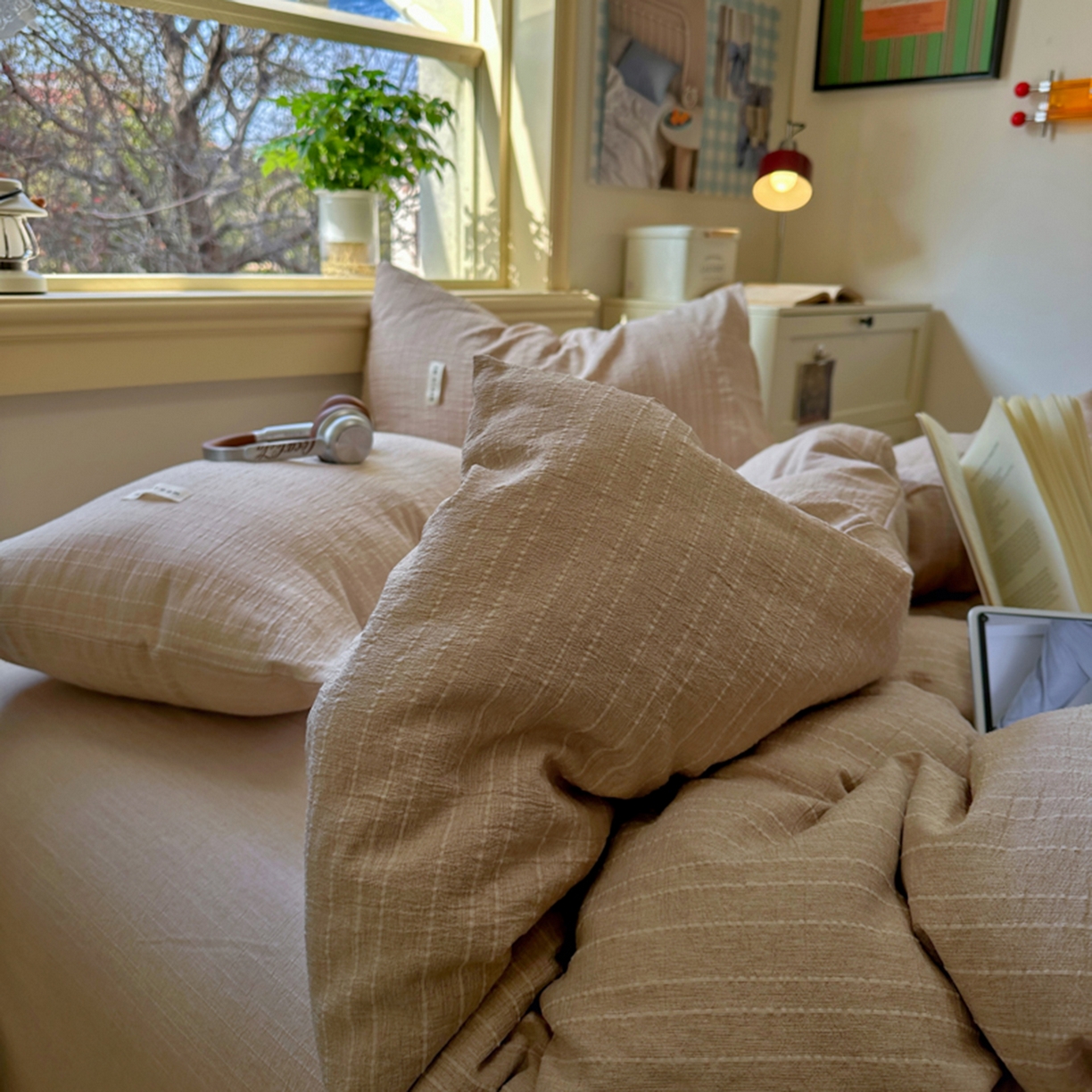 91家纺网 家纺一手货源 找家纺 阿曼达 2026新款简约素色亚麻风纯色无印四件套-素然 素然-咖色