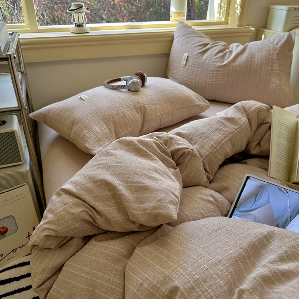 91家纺网 家纺一手货源 找家纺 阿曼达 2026新款简约素色亚麻风纯色无印四件套-素然 素然-咖色