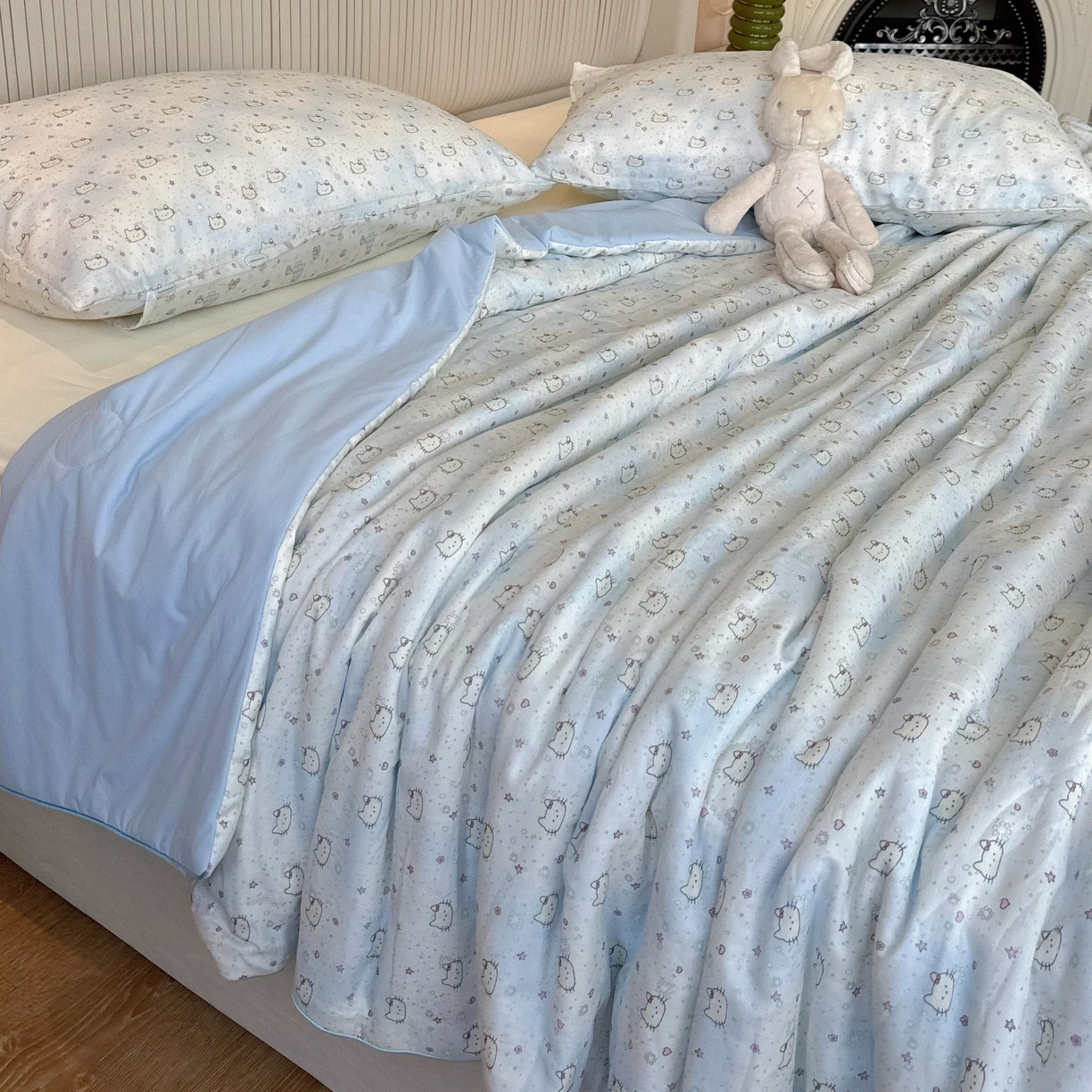 91家纺网 家纺一手货源 找家纺 兜米家居 2026春夏新款小红书热销款有氧全棉纯棉双层纱双感冰纱被夏凉被被子被芯 星点KT