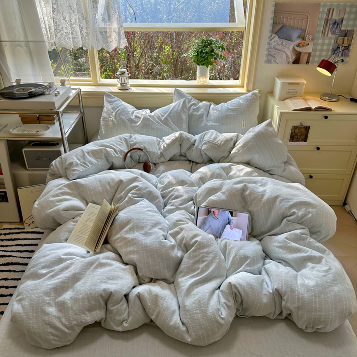 91家纺网 家纺一手货源 找家纺 阿曼达 2026新款简约素色亚麻风纯色无印四件套-素然 素然-浅兰灰