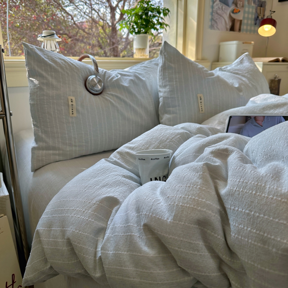 91家纺网 家纺一手货源 找家纺 阿曼达 2026新款简约素色亚麻风纯色无印四件套-素然 素然-浅兰灰