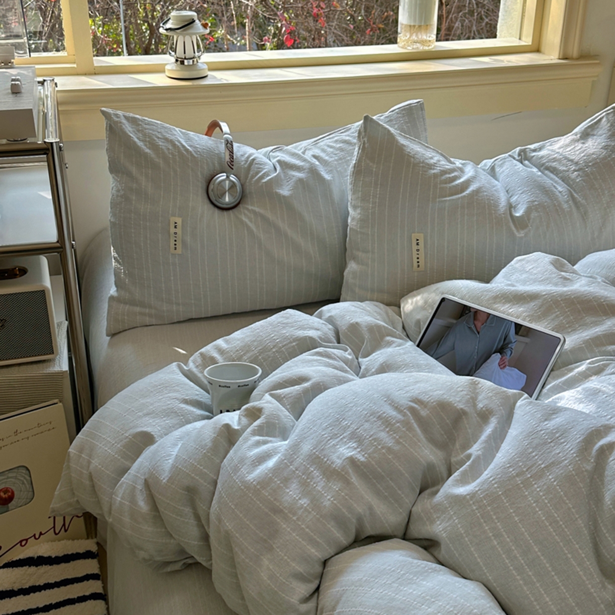 91家纺网 家纺一手货源 找家纺 阿曼达 2026新款简约素色亚麻风纯色无印四件套-素然 素然-浅兰灰