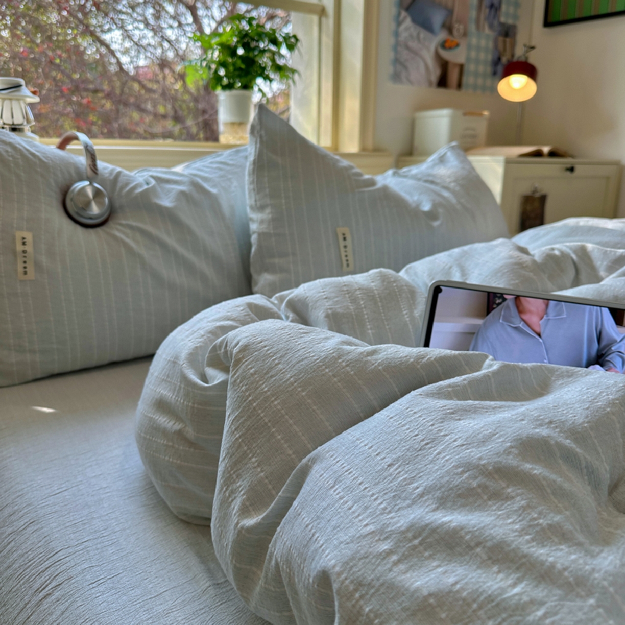 91家纺网 家纺一手货源 找家纺 阿曼达 2026新款简约素色亚麻风纯色无印四件套-素然 素然-浅兰灰