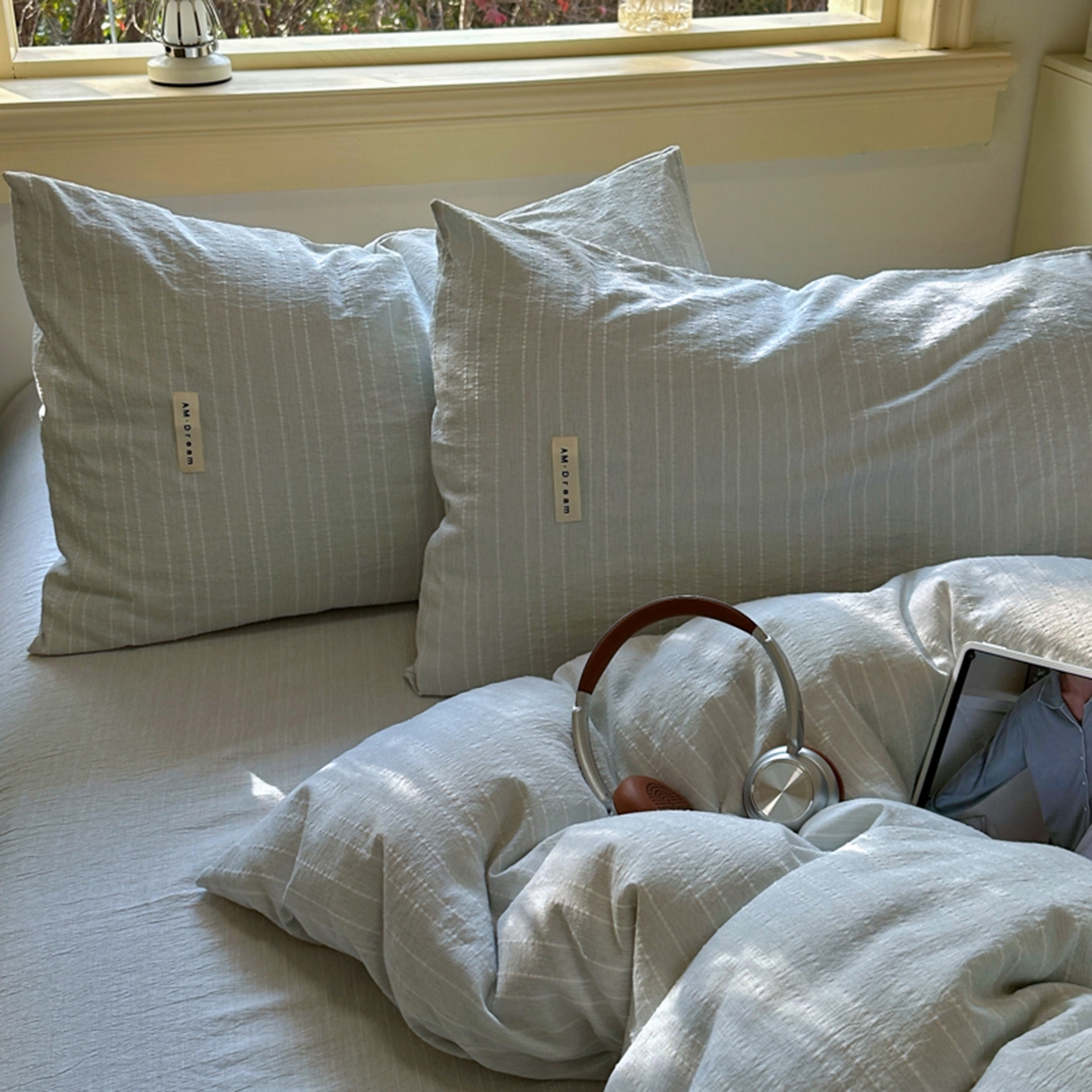 91家纺网 家纺一手货源 找家纺 阿曼达 2026新款简约素色亚麻风纯色无印四件套-素然 素然-浅兰灰