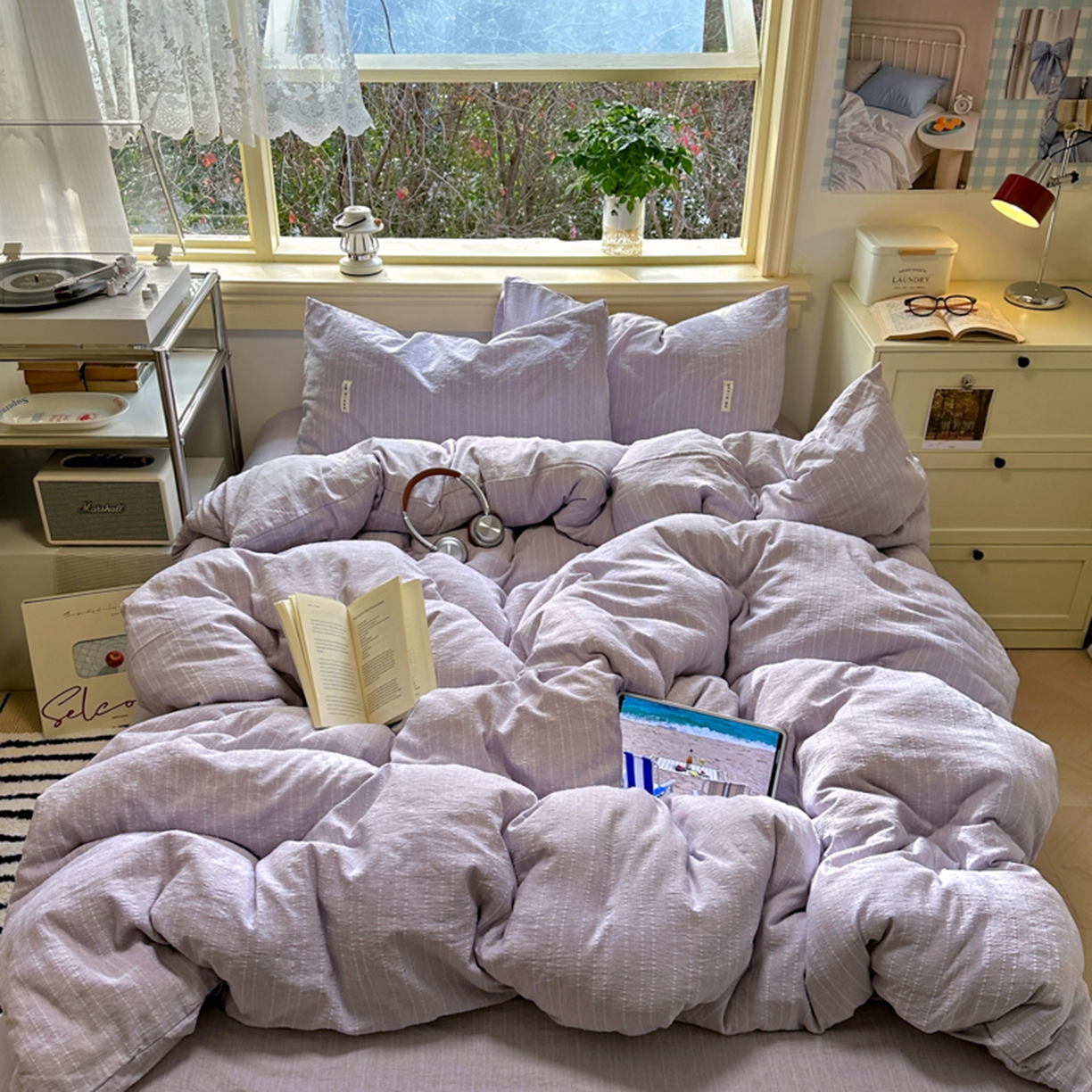 91家纺网 家纺一手货源 找家纺 阿曼达 2026新款简约素色亚麻风纯色无印四件套-素然 素然-浅紫