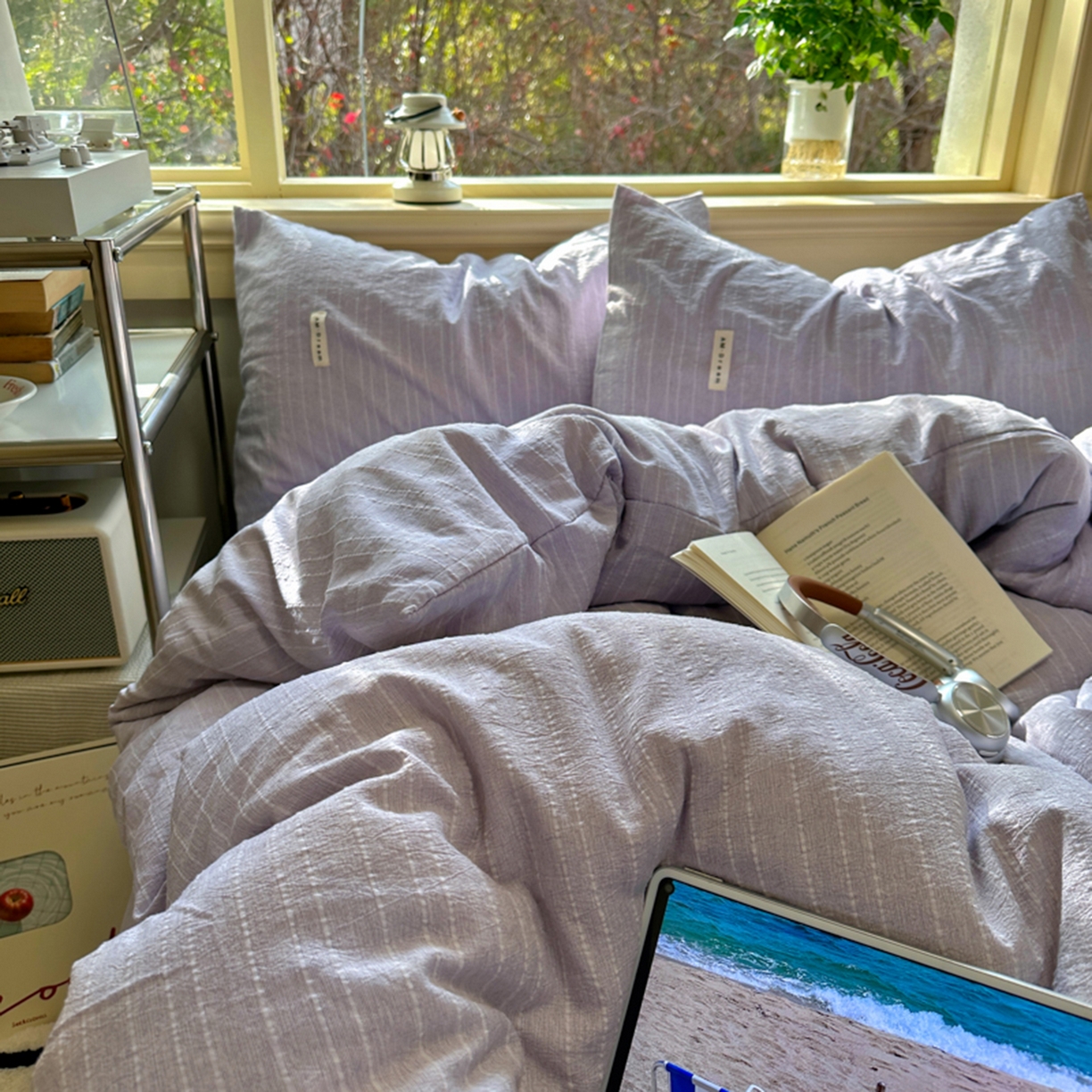 91家纺网 家纺一手货源 找家纺 阿曼达 2026新款简约素色亚麻风纯色无印四件套-素然 素然-浅紫