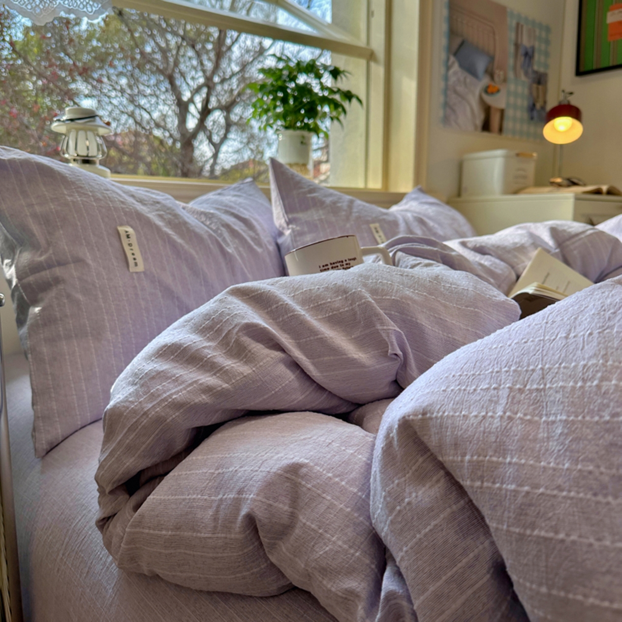 91家纺网 家纺一手货源 找家纺 阿曼达 2026新款简约素色亚麻风纯色无印四件套-素然 素然-浅紫