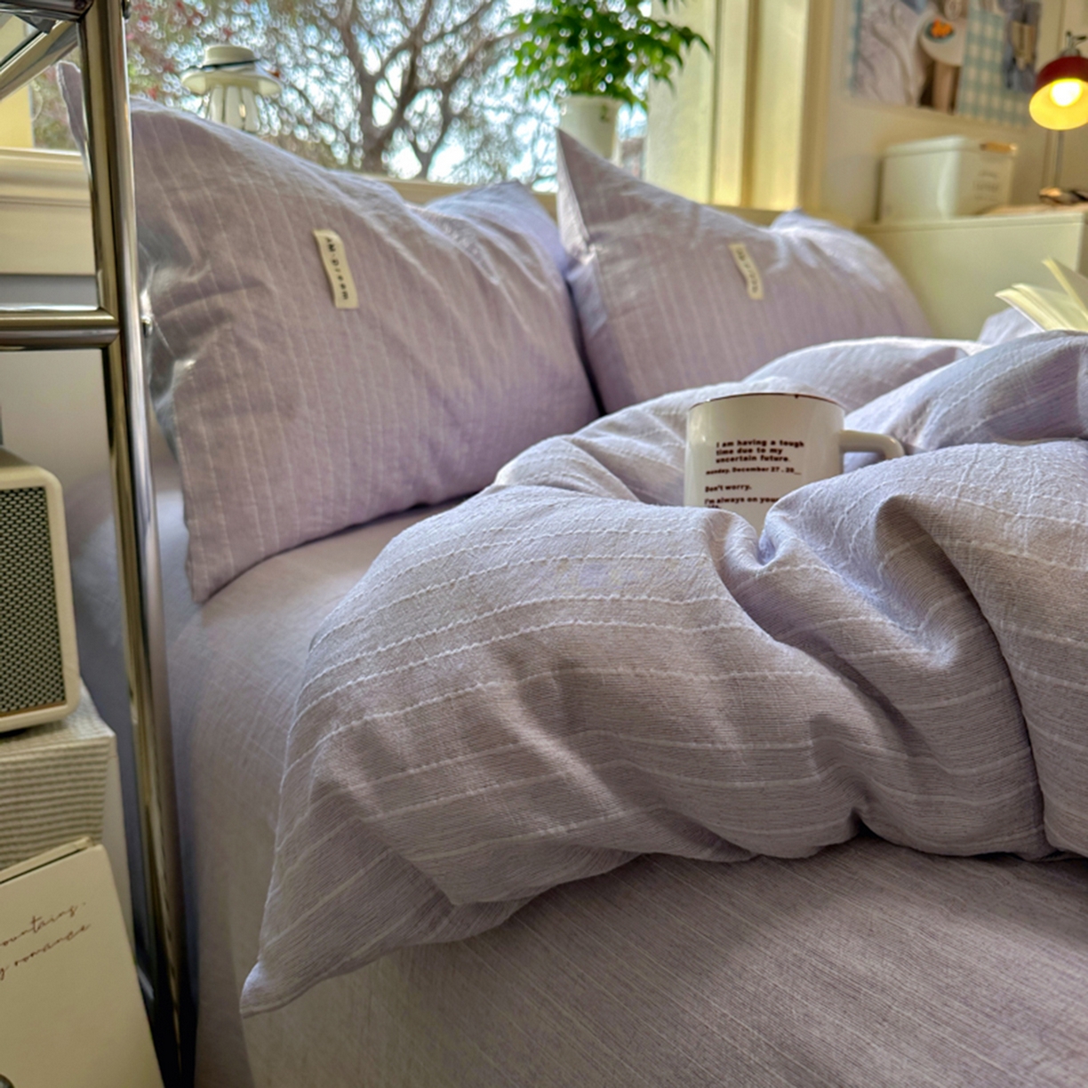 91家纺网 家纺一手货源 找家纺 阿曼达 2026新款简约素色亚麻风纯色无印四件套-素然 素然-浅紫