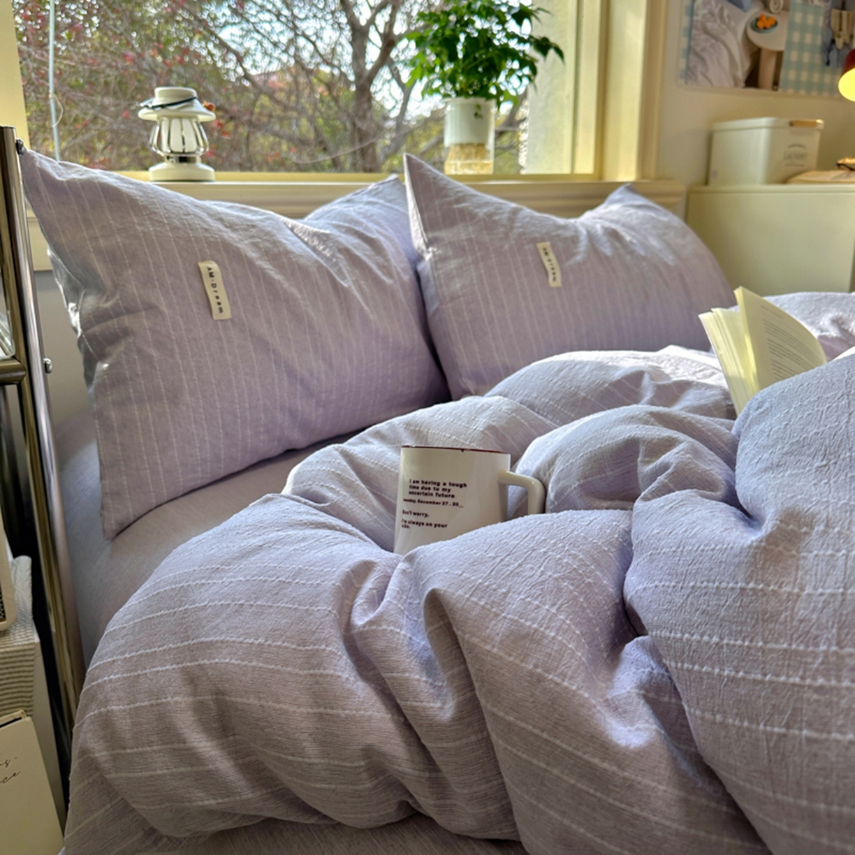 91家纺网 家纺一手货源 找家纺 阿曼达 2026新款简约素色亚麻风纯色无印四件套-素然 素然-浅紫