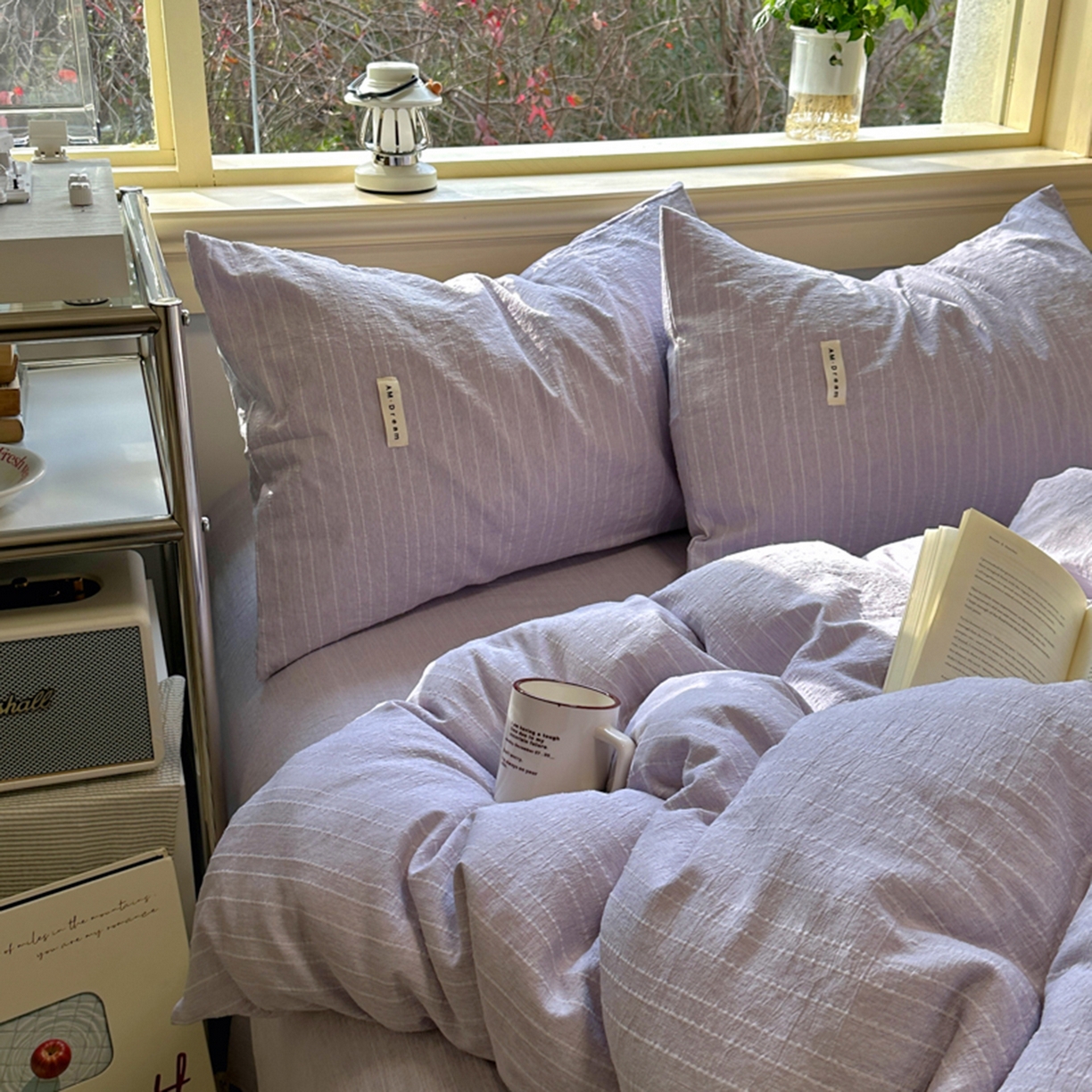 91家纺网 家纺一手货源 找家纺 阿曼达 2026新款简约素色亚麻风纯色无印四件套-素然 素然-浅紫