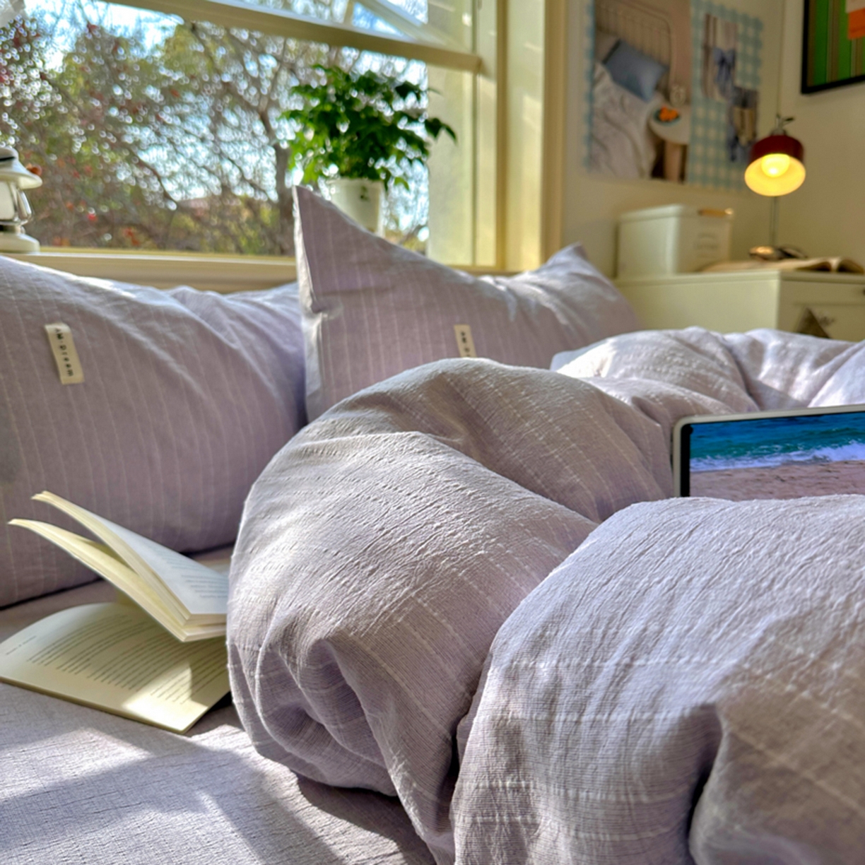 91家纺网 家纺一手货源 找家纺 阿曼达 2026新款简约素色亚麻风纯色无印四件套-素然 素然-浅紫