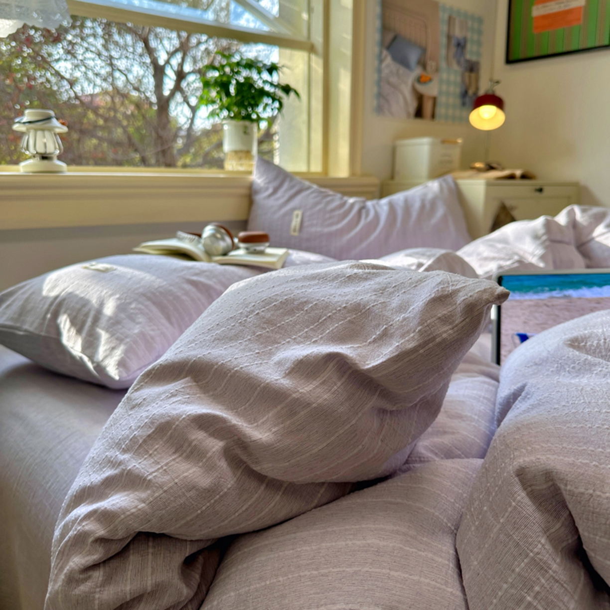 91家纺网 家纺一手货源 找家纺 阿曼达 2026新款简约素色亚麻风纯色无印四件套-素然 素然-浅紫