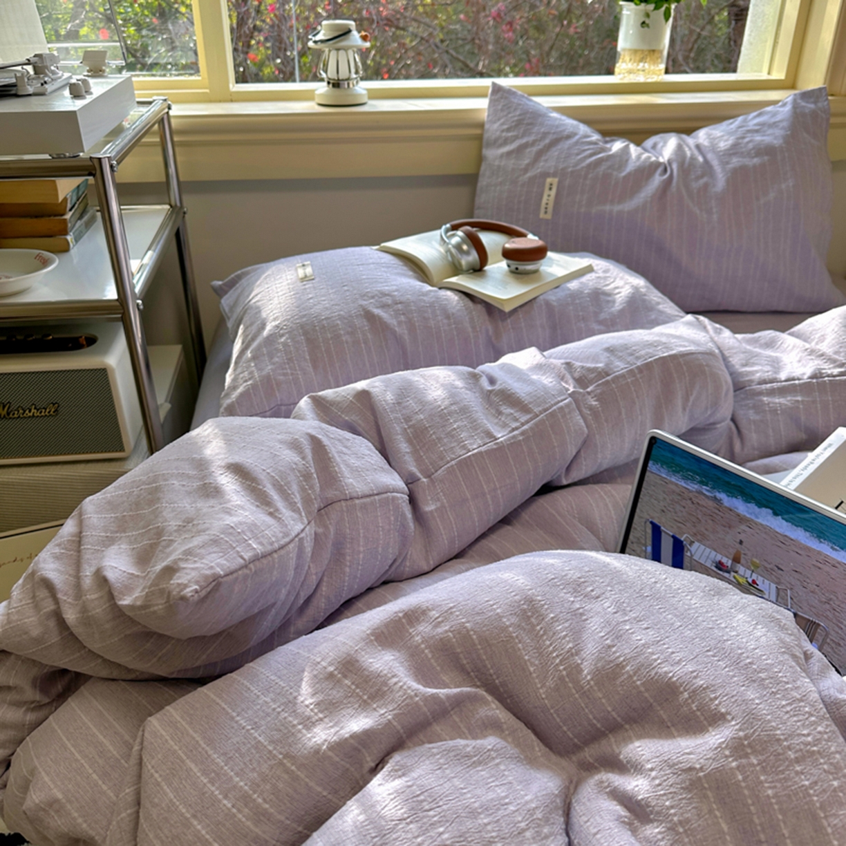 91家纺网 家纺一手货源 找家纺 阿曼达 2026新款简约素色亚麻风纯色无印四件套-素然 素然-浅紫