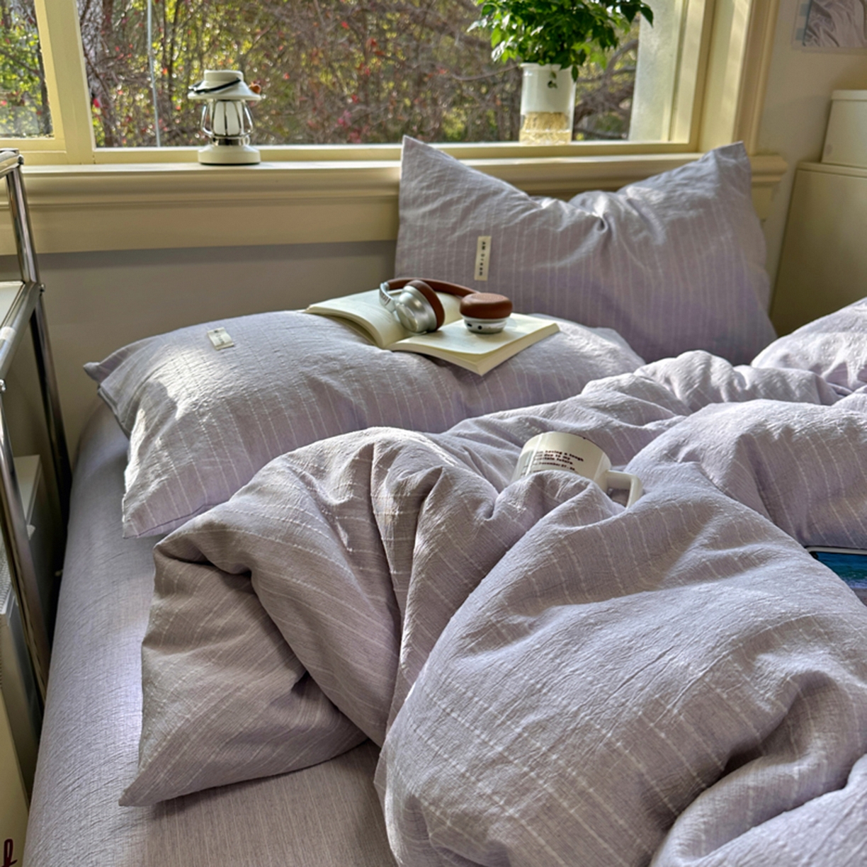 91家纺网 家纺一手货源 找家纺 阿曼达 2026新款简约素色亚麻风纯色无印四件套-素然 素然-浅紫