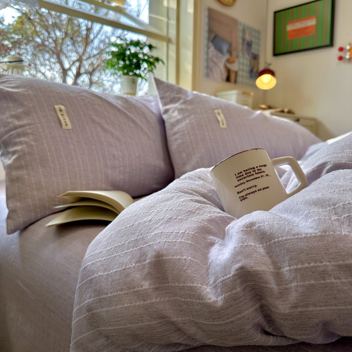 91家纺网 家纺一手货源 找家纺 阿曼达 2026新款简约素色亚麻风纯色无印四件套-素然 素然-浅紫