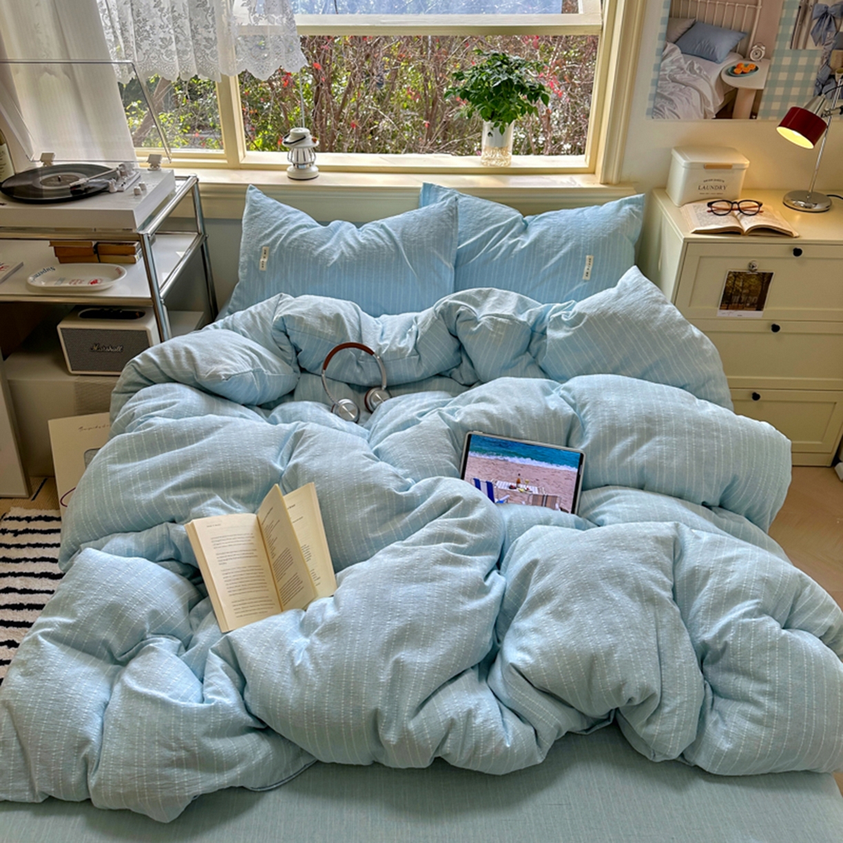 91家纺网 家纺一手货源 找家纺 阿曼达 2026新款简约素色亚麻风纯色无印四件套-素然 素然-天兰