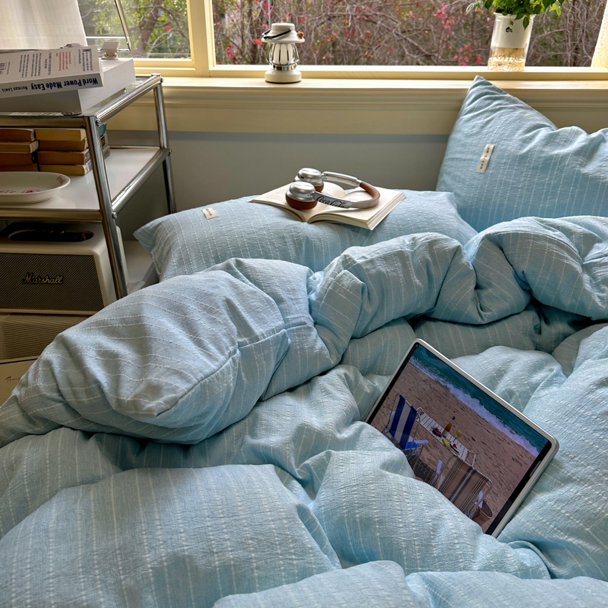 91家纺网 家纺一手货源 找家纺 阿曼达 2026新款简约素色亚麻风纯色无印四件套-素然 素然-天兰